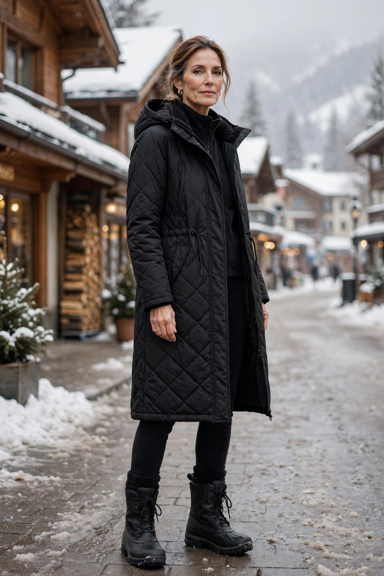 Woman over 50 in a long black quilted parka and snow boots at a ski resort