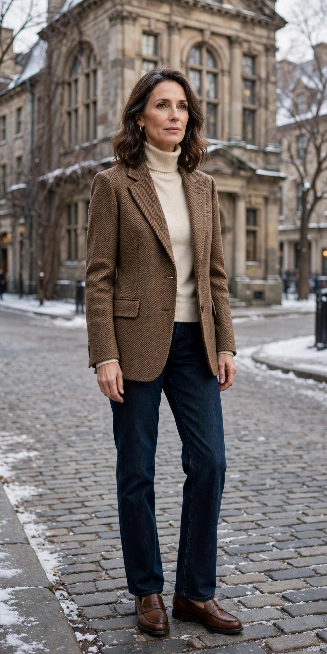 Woman over 50 in a herringbone tweed blazer and cream turtleneck on a historic street