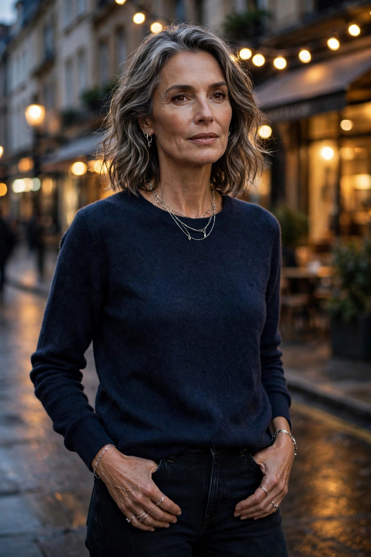 Woman over 50 in a midnight blue sweater with silver jewelry on an evening street