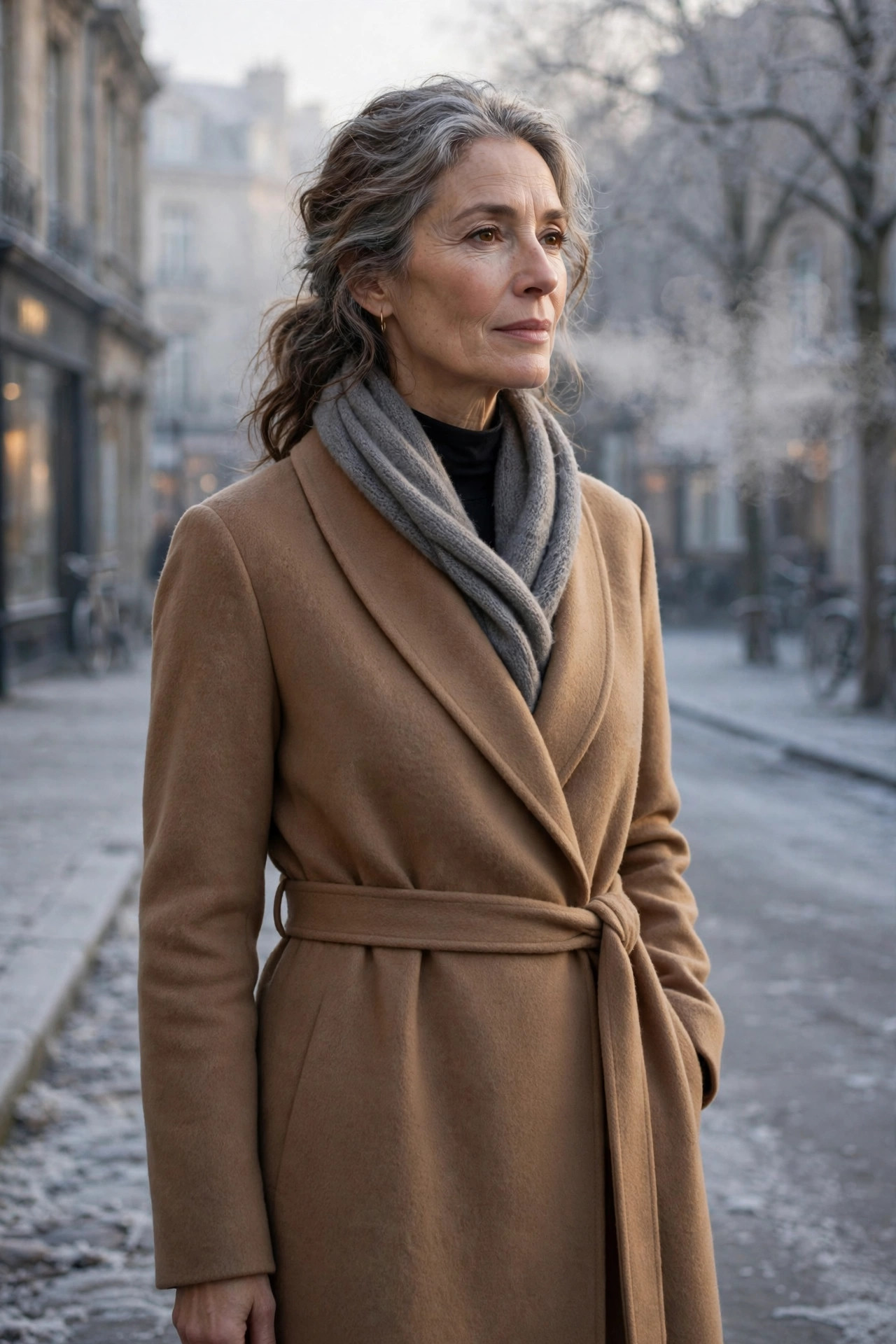 Woman over 50 in a camel wrap coat with a thermal base layer on a frosty morning