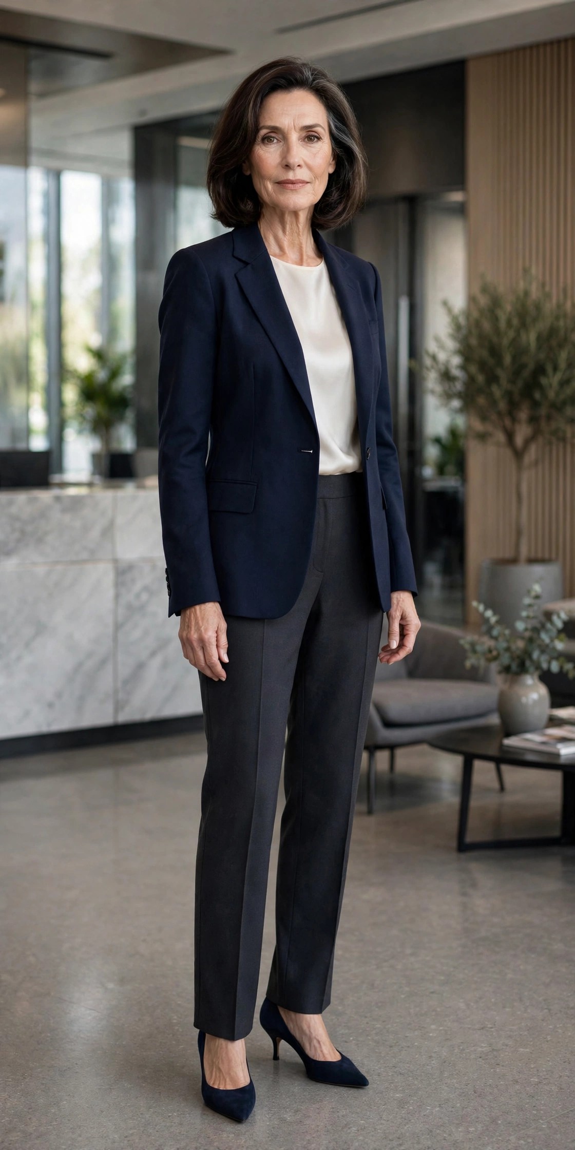 Elegant woman in her 50s in a navy blazer, ivory silk top and charcoal trousers in an office lobby