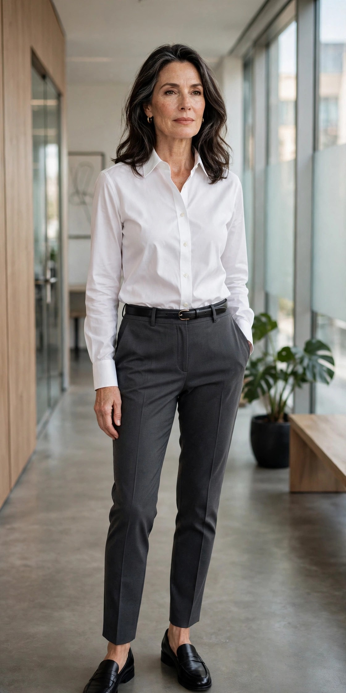 Woman over 50 in a crisp white poplin shirt and charcoal tapered trousers with black loafers