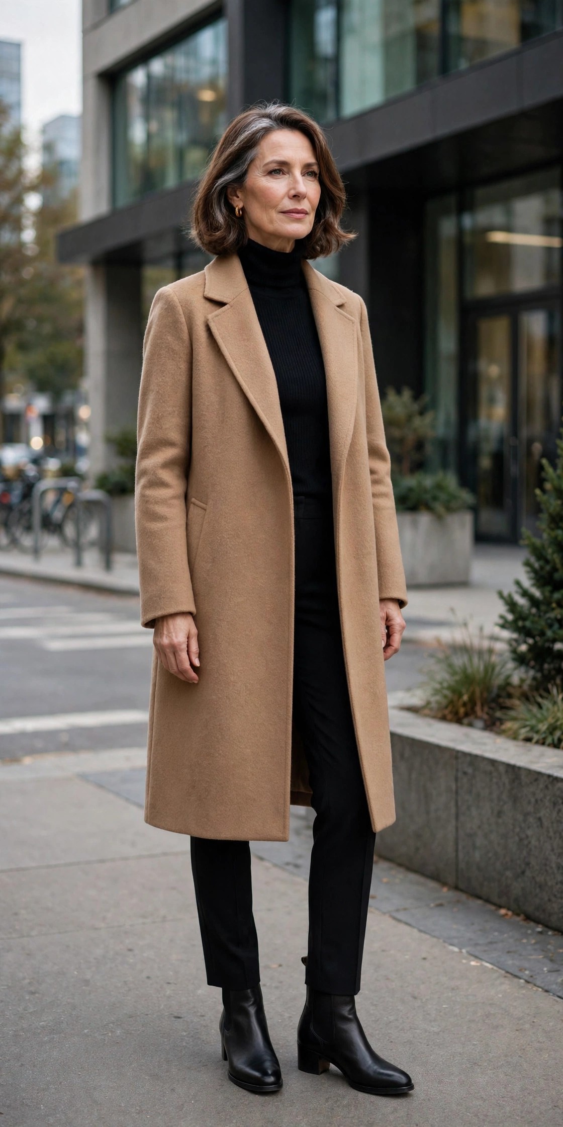 Mature woman in a camel wool coat over a black turtleneck and slim trousers on a city street