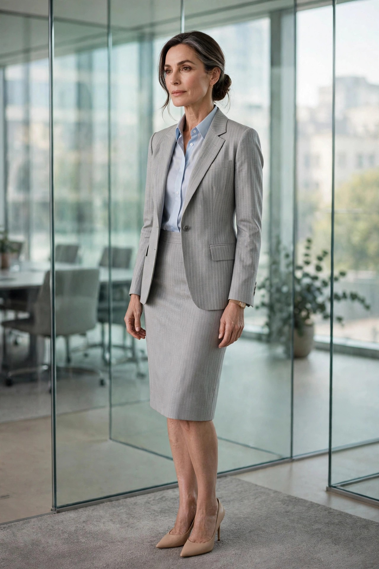 Confident woman in her 50s wearing a light grey pinstripe blazer and pencil skirt in a conference room
