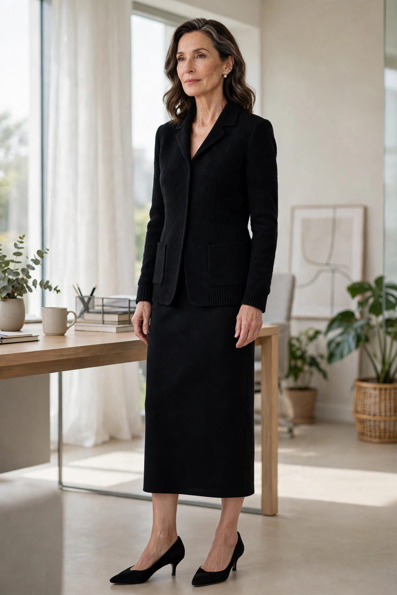 Elegant woman over 50 in a black knit blazer and midi column skirt in a bright office