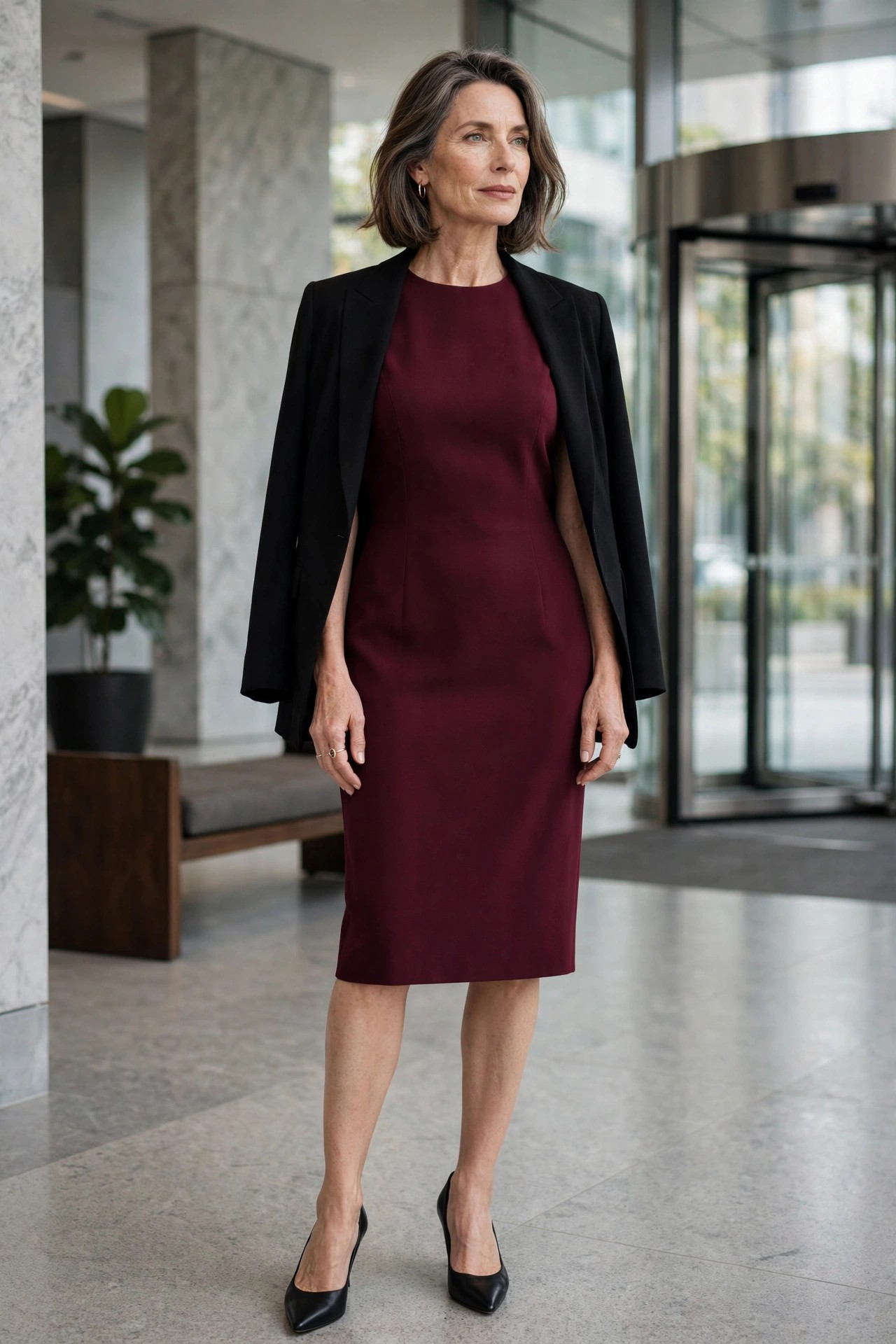 Woman in her 50s in a burgundy crepe sheath dress with a black blazer in a corporate lobby