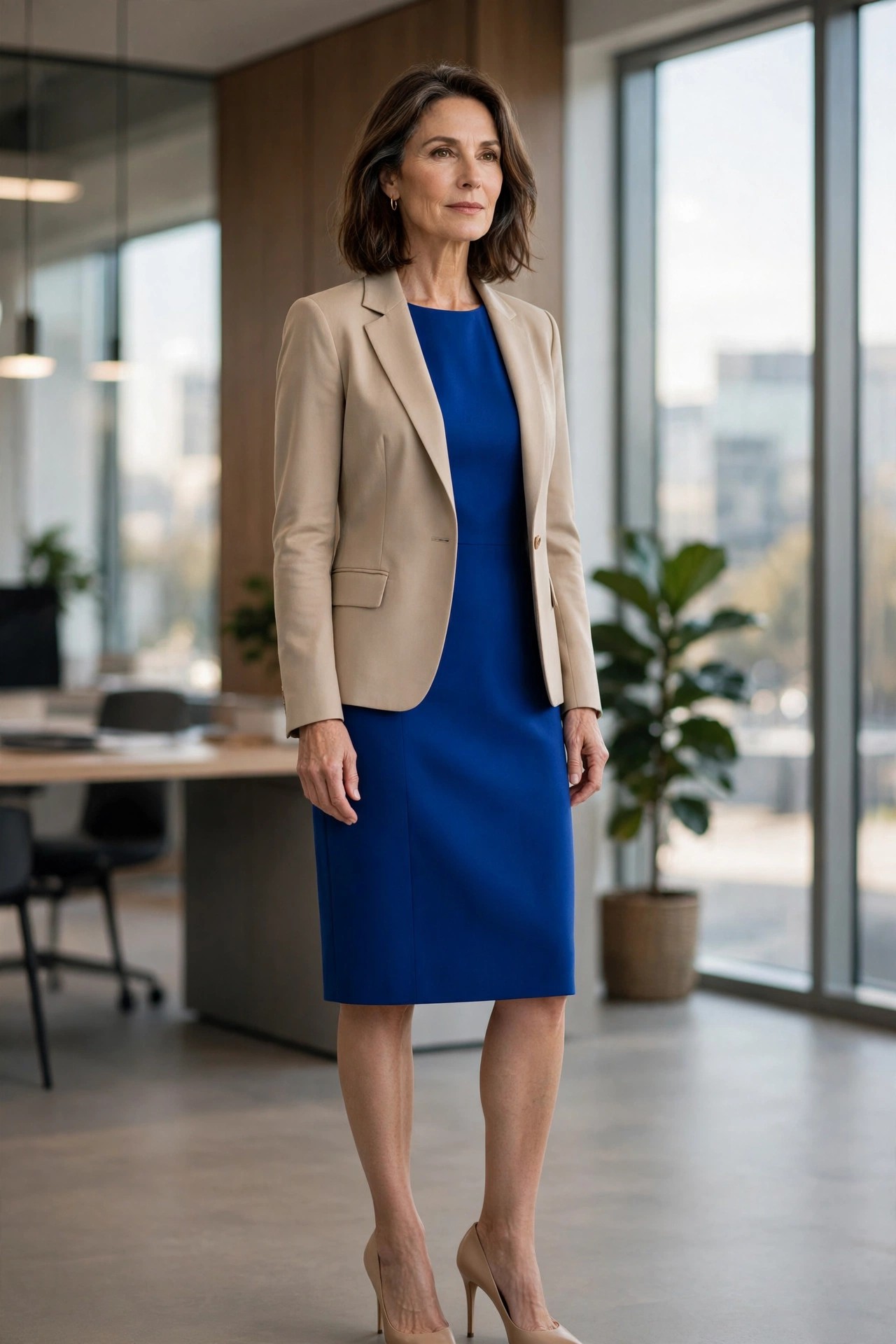 Woman over 50 wearing a cobalt blue shift dress with a beige jacket in a modern office