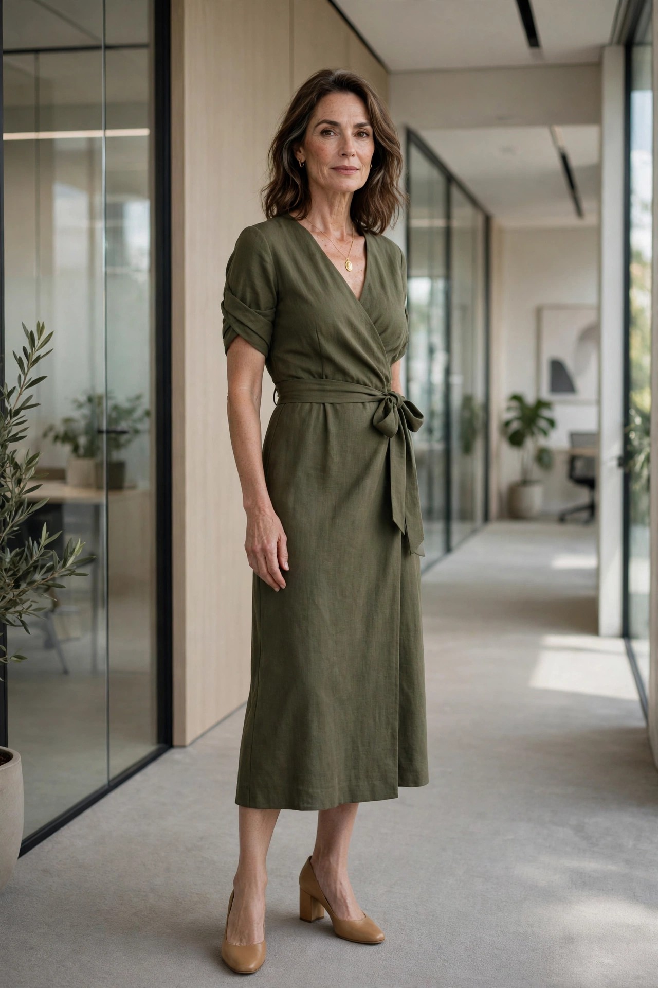Mature woman in an olive wrap midi dress with a gold pendant in a sunlit office corridor