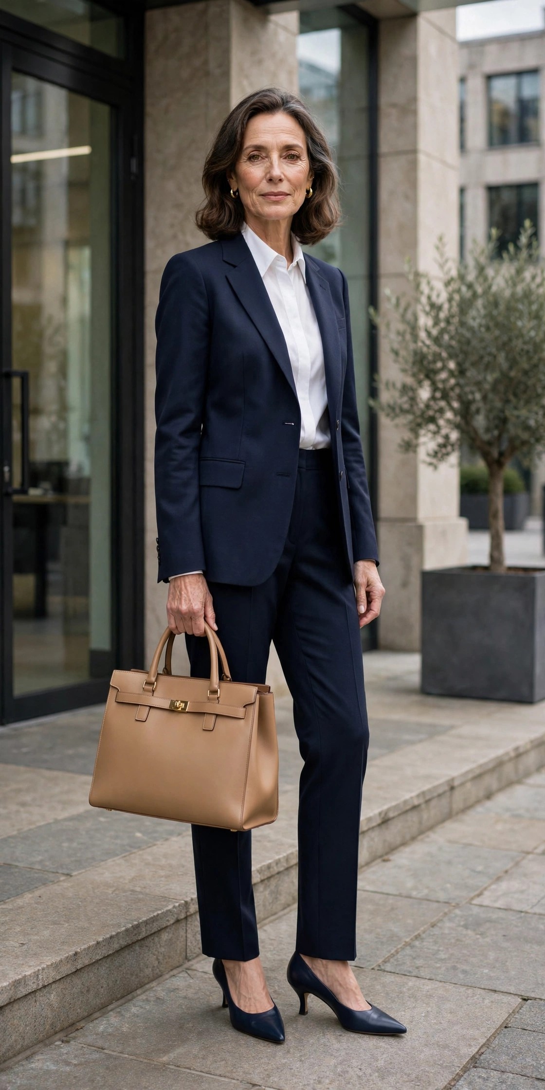 Professional woman in her 50s in a navy suit carrying a tan leather tote at an office entrance