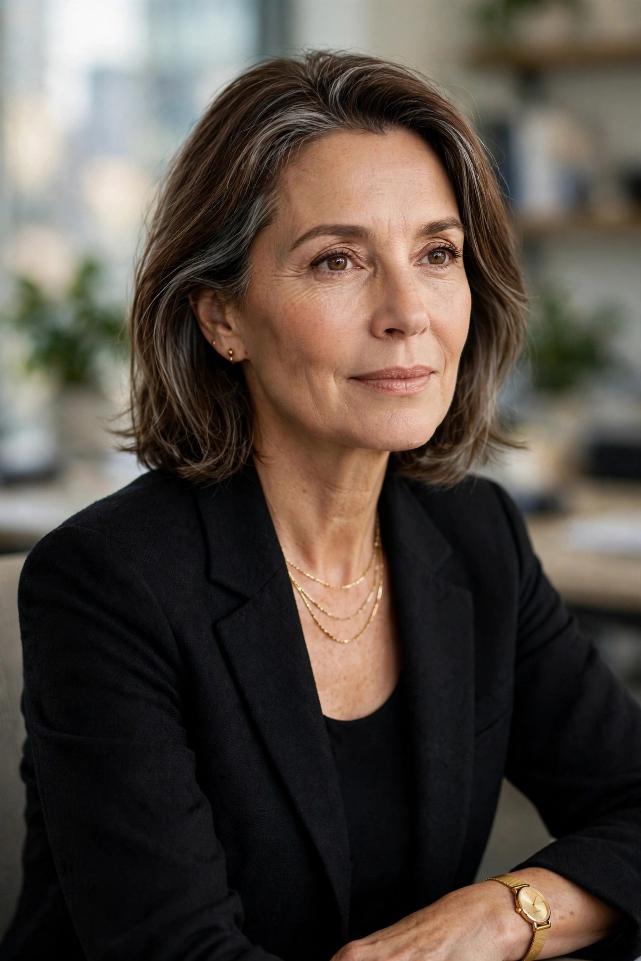 Close-up portrait of a woman over 50 in a black blazer with delicate gold jewelry