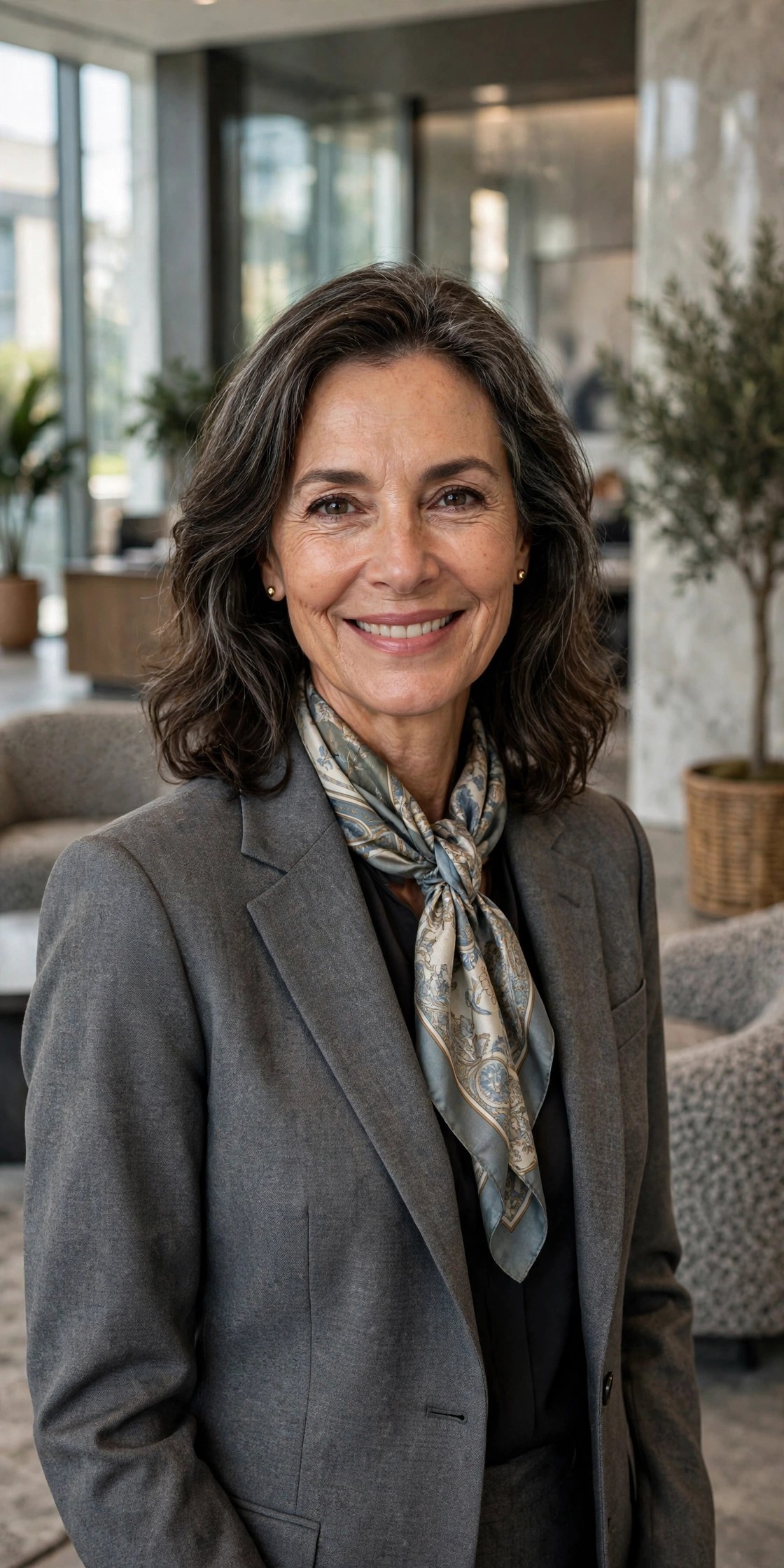 Smiling woman in her 50s in a grey suit with a patterned silk scarf in an office lobby