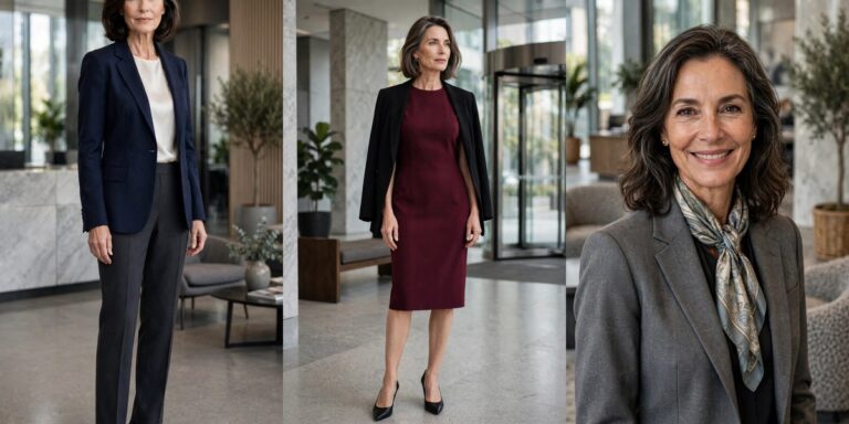 Job interview outfits for women over 50: navy blazer, burgundy sheath dress and silk scarf looks