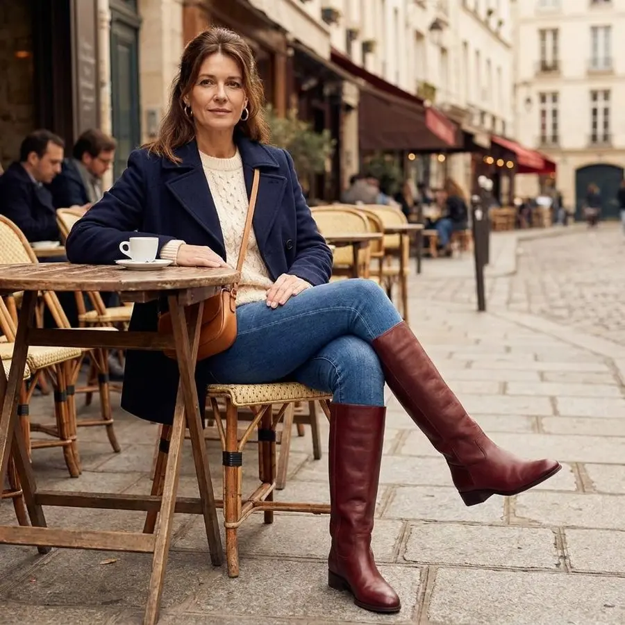 Woman over 50 in jeans and a navy tailored blazer with polished burgundy knee-high boots at a cafe