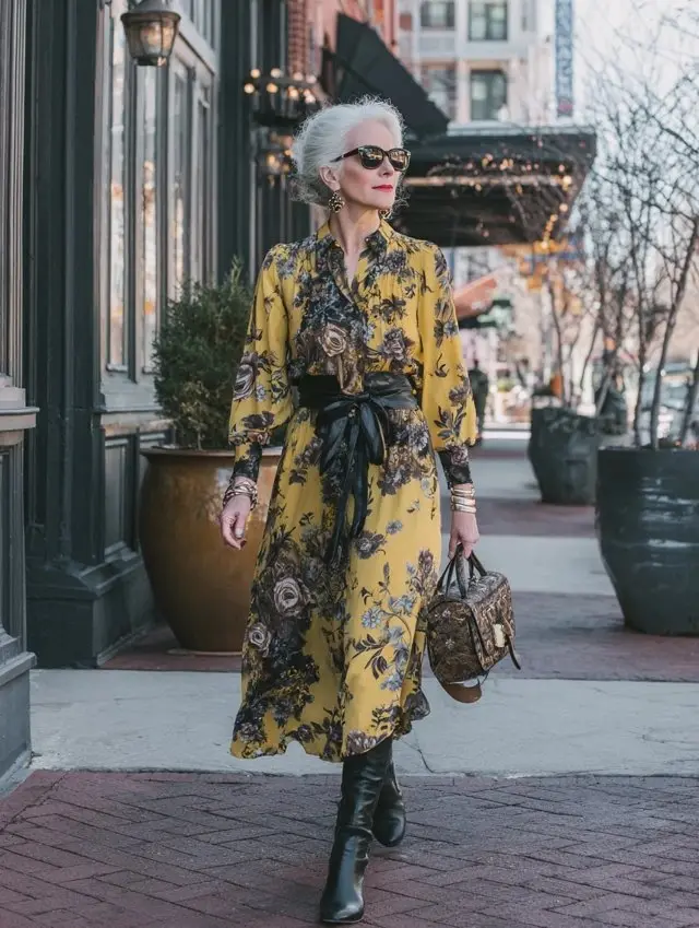 Woman over 50 wearing a floral midi dress with knee-high boots for early autumn