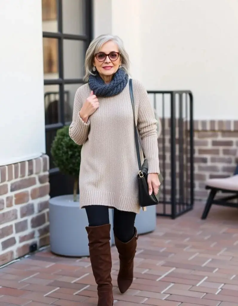 Woman over 50 in a long tunic sweater and leggings with knee-high boots, a cosy casual outfit