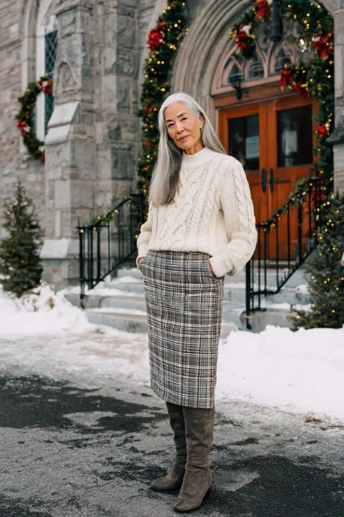 Woman over 50 wearing a plaid skirt with matching tights and knee-high boots