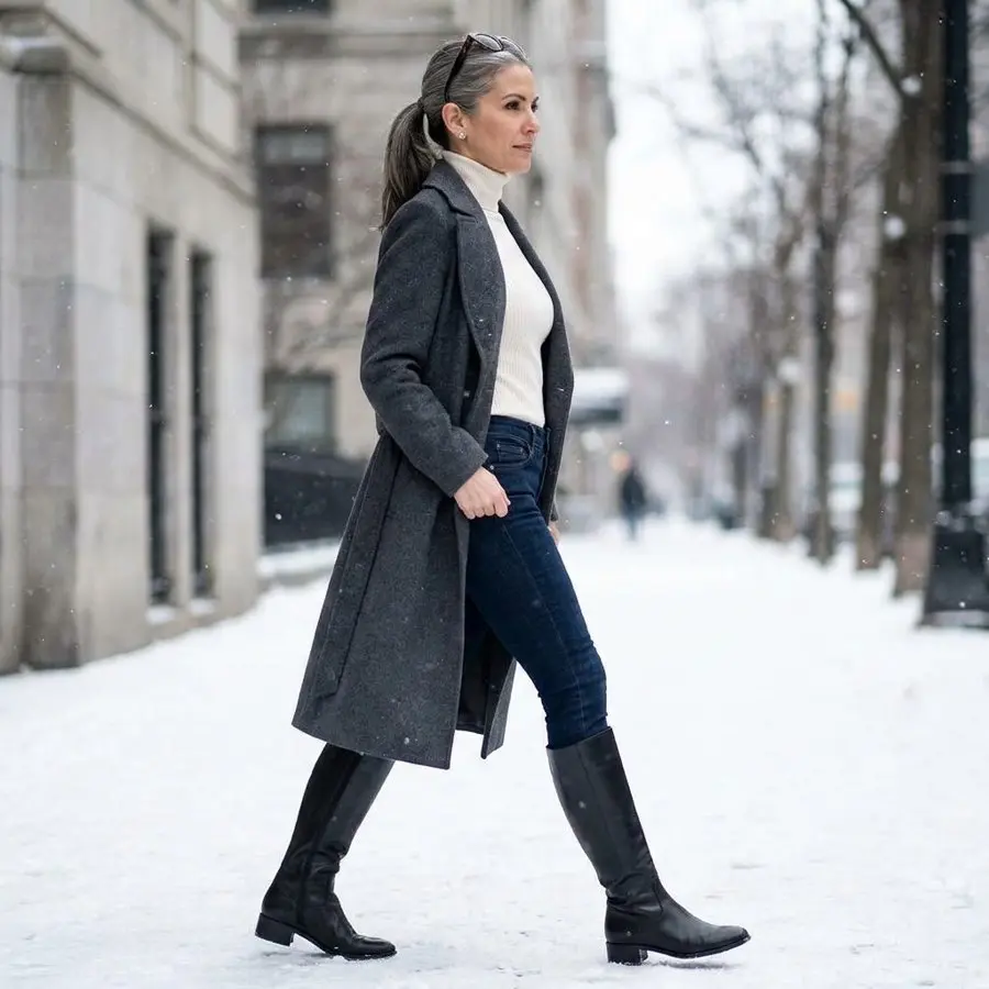 Woman over 50 wearing black knee-high boots tucked over slim skinny jeans with a cosy knit