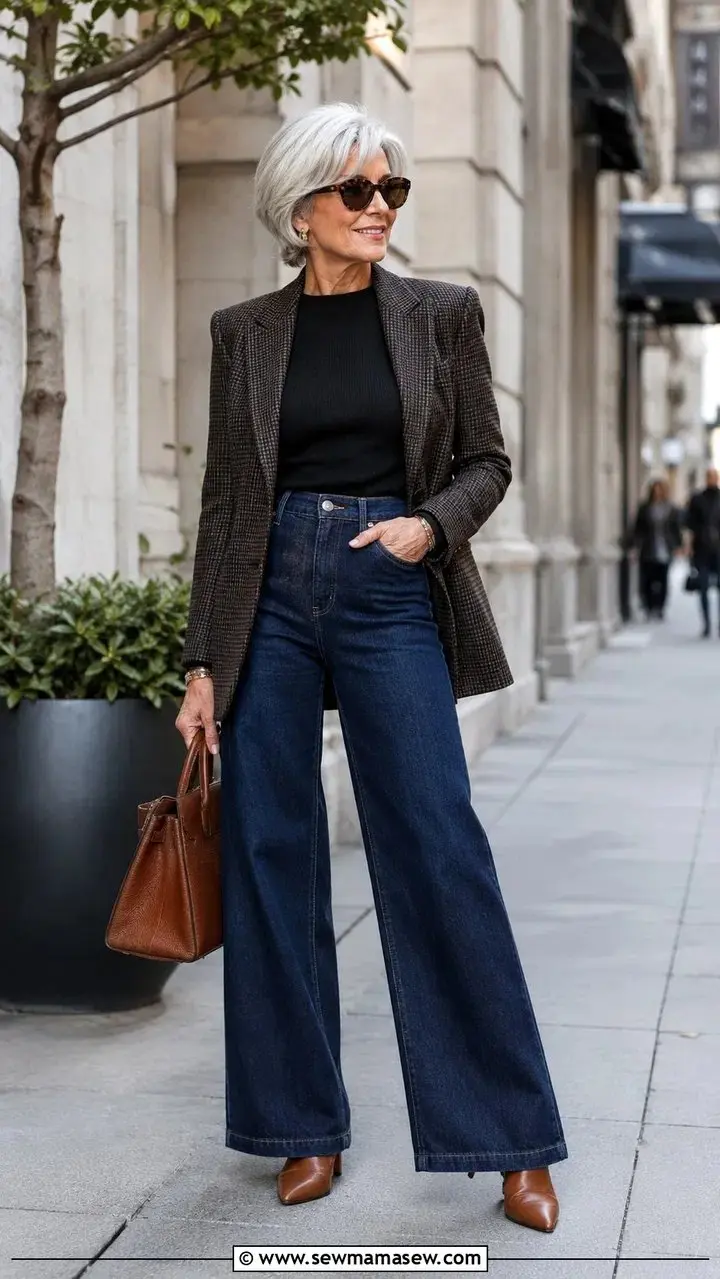 Woman over 60 with white hair wearing wide-leg jeans over pointed knee-high boots with a tailored blazer