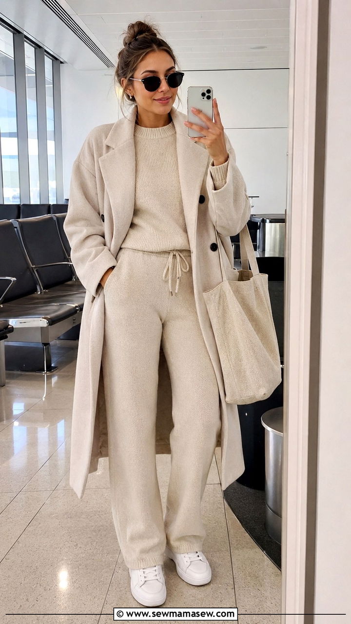 Woman over 60 wearing knit set with long coat and sneakers