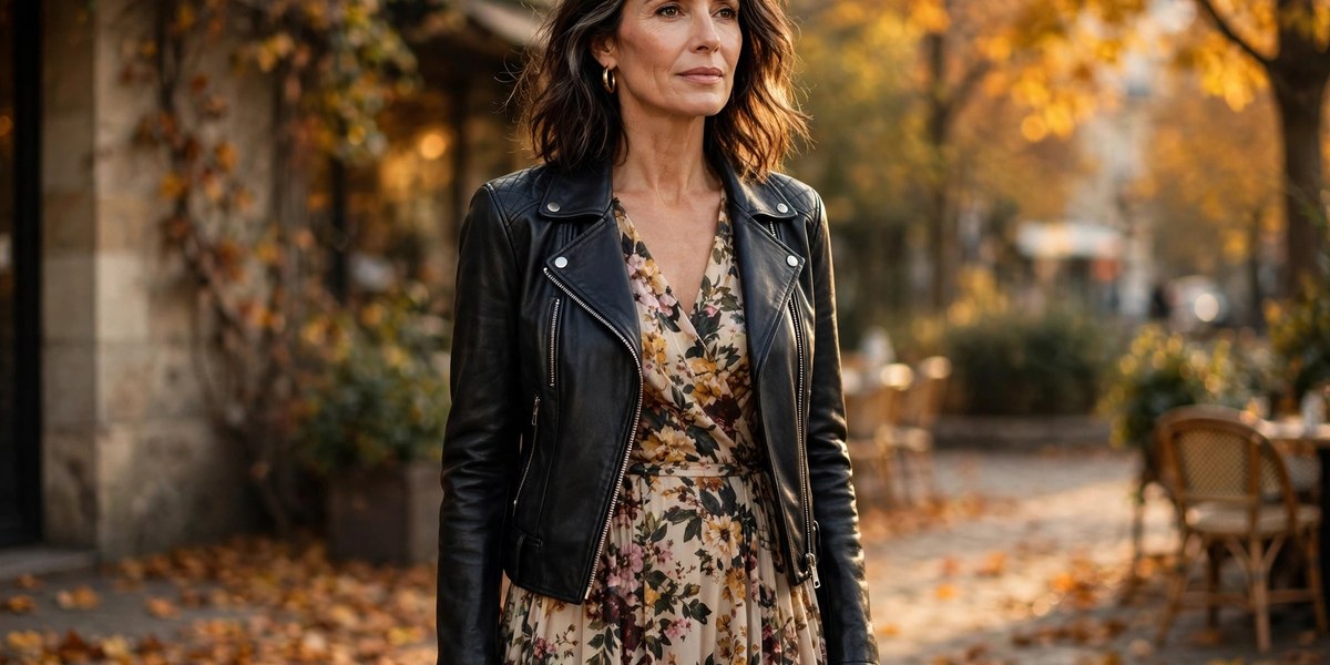Woman over 50 wearing a black leather moto jacket over a floral midi dress