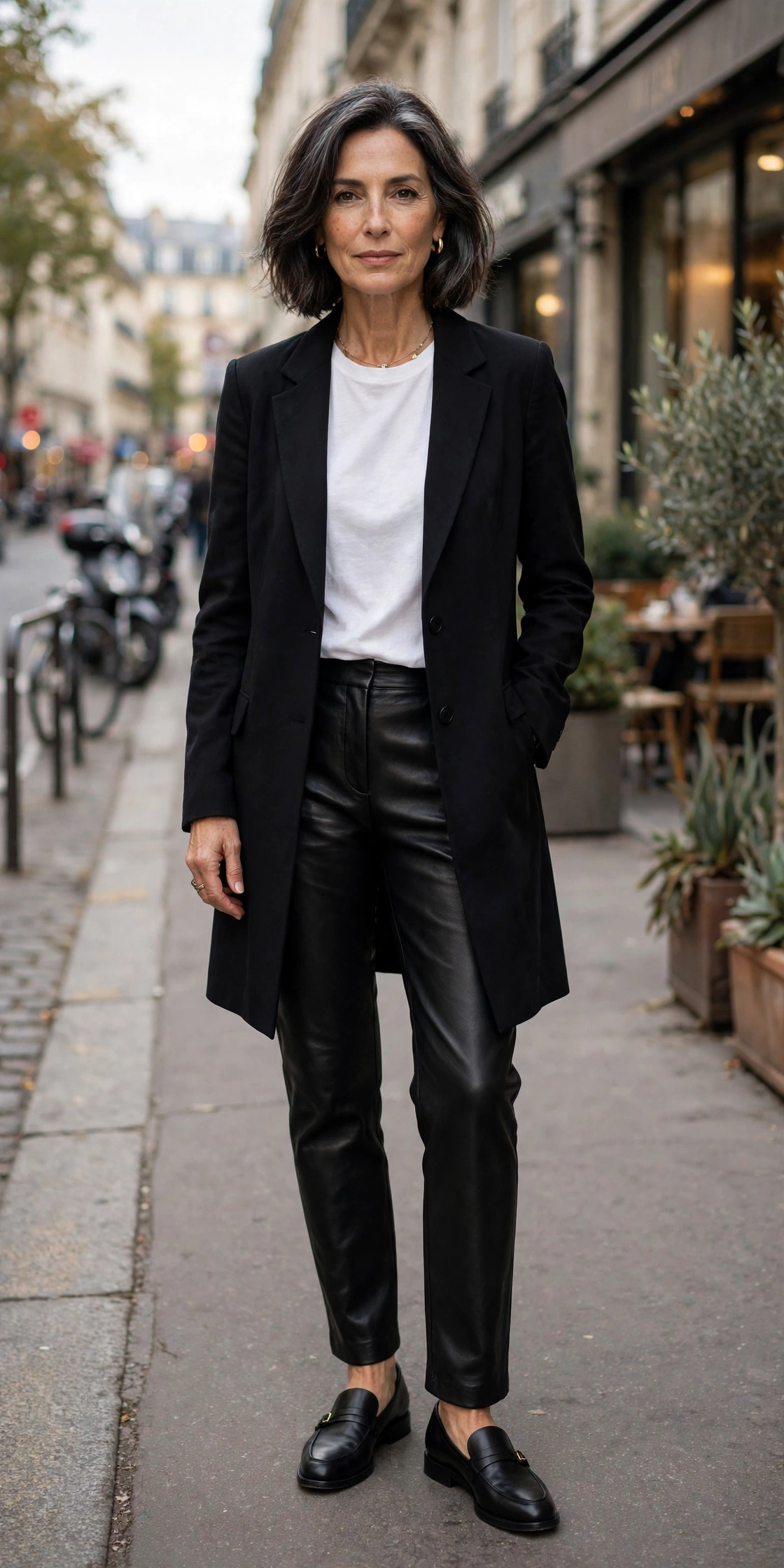 Woman over 50 wearing black leather pants with a white t-shirt, longline black blazer and loafers