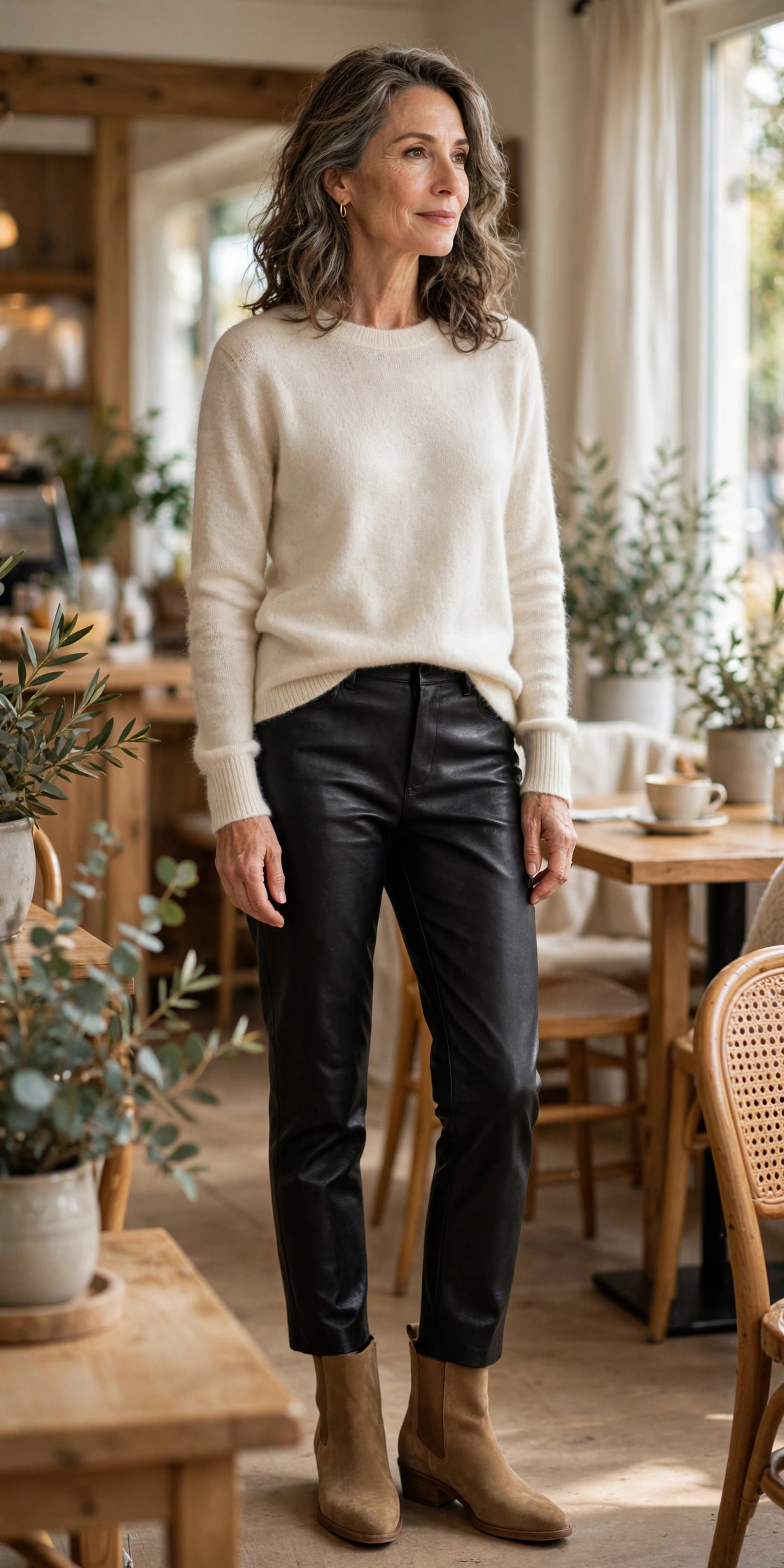 Woman over 50 in black leather pants with a cream cashmere knit sweater and ankle boots at a cafe