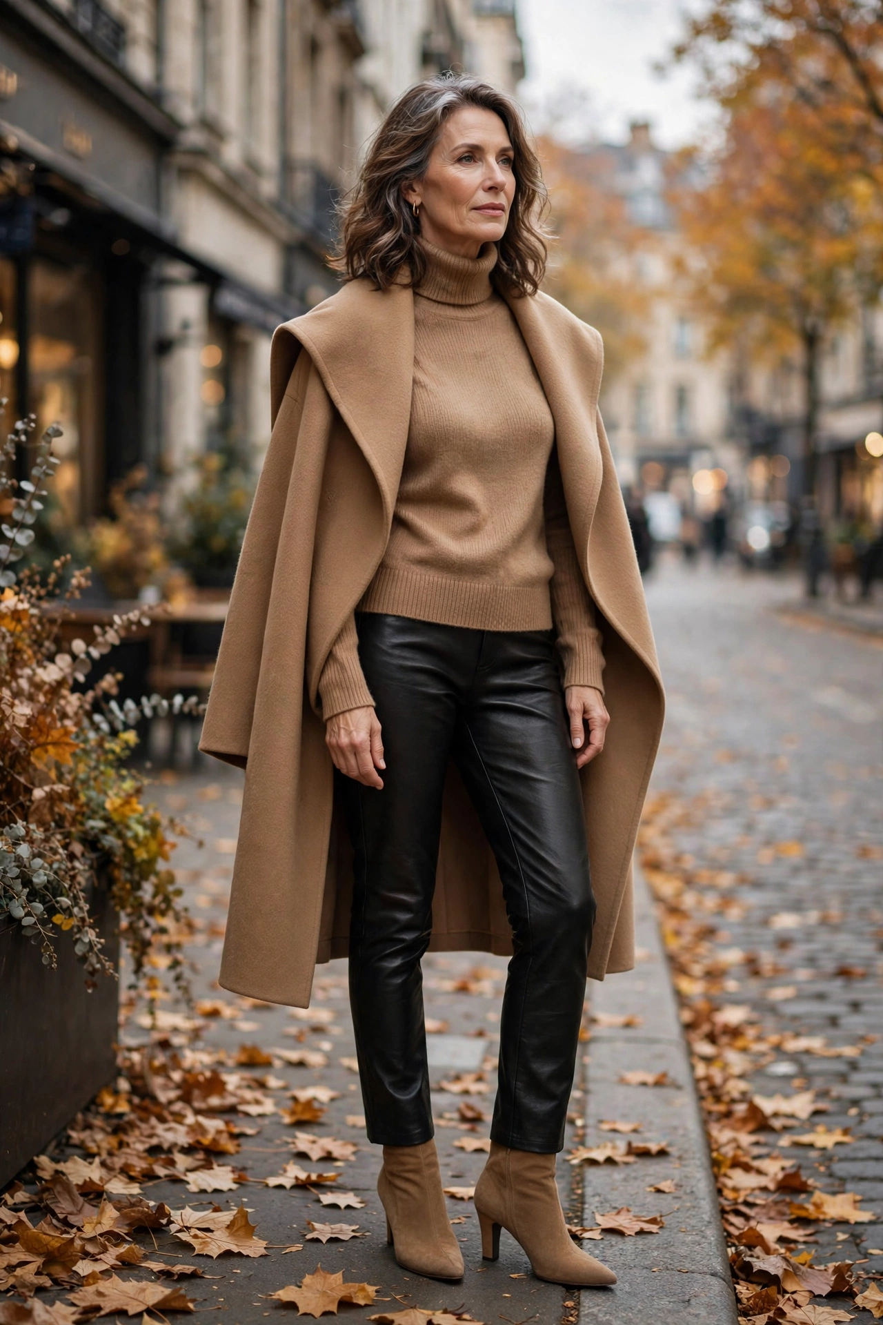 Woman over 50 wearing black leather pants with a camel turtleneck, camel wool coat and heeled boots