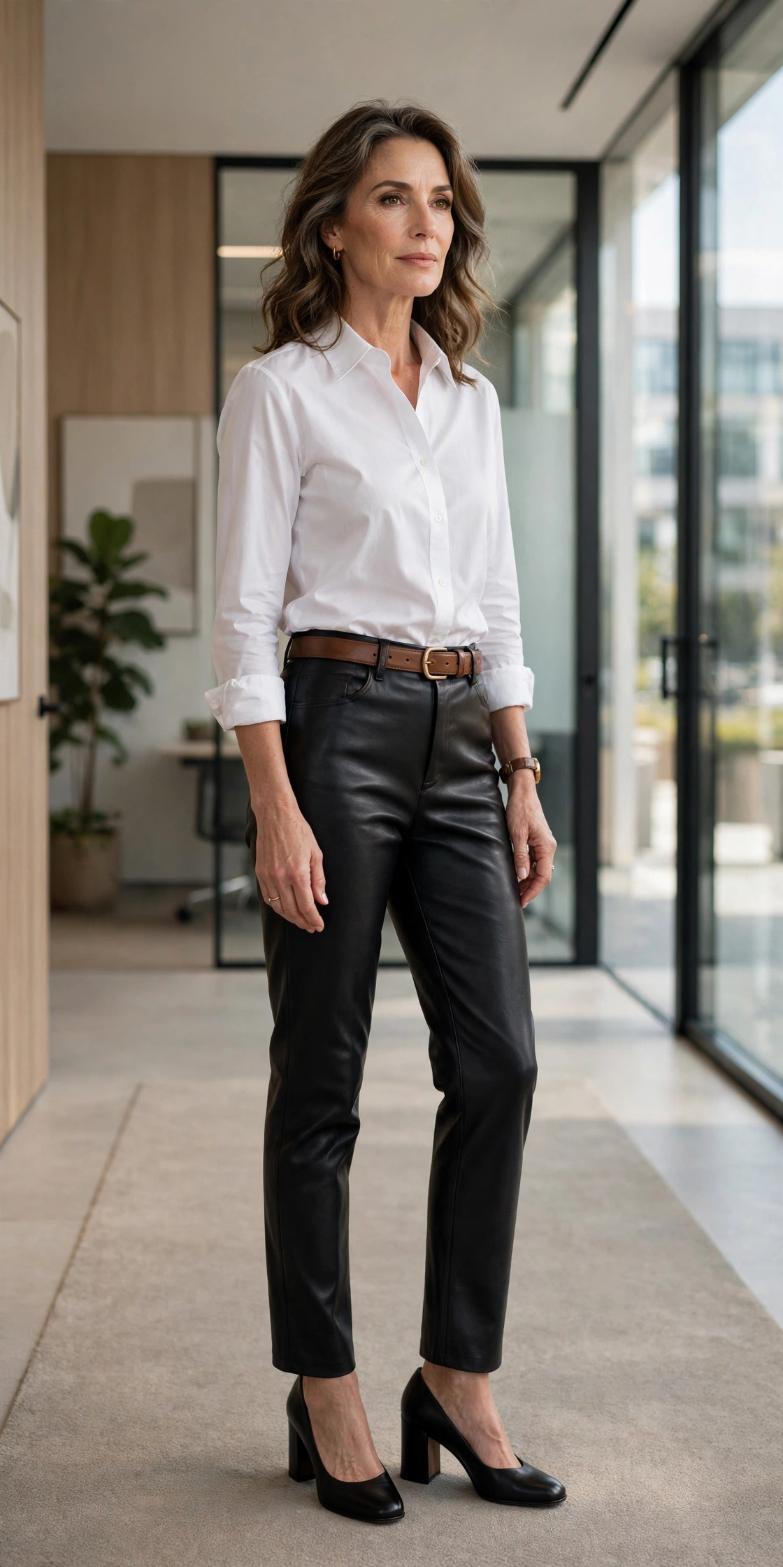 Woman over 50 in black leather pants with a tucked white button-down shirt, brown belt and block heels