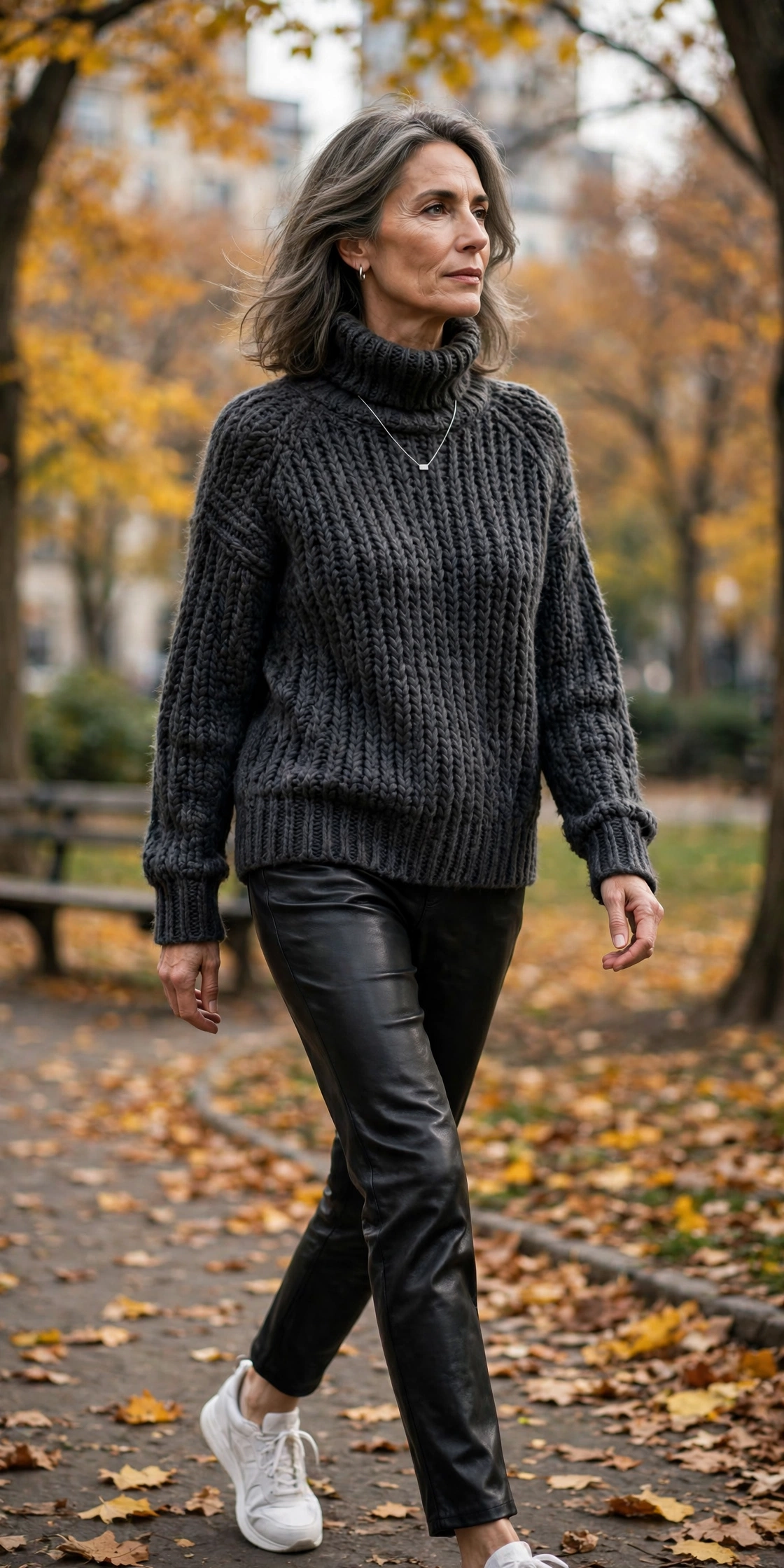 Woman over 50 wearing black leather pants with a charcoal chunky turtleneck sweater and white sneakers