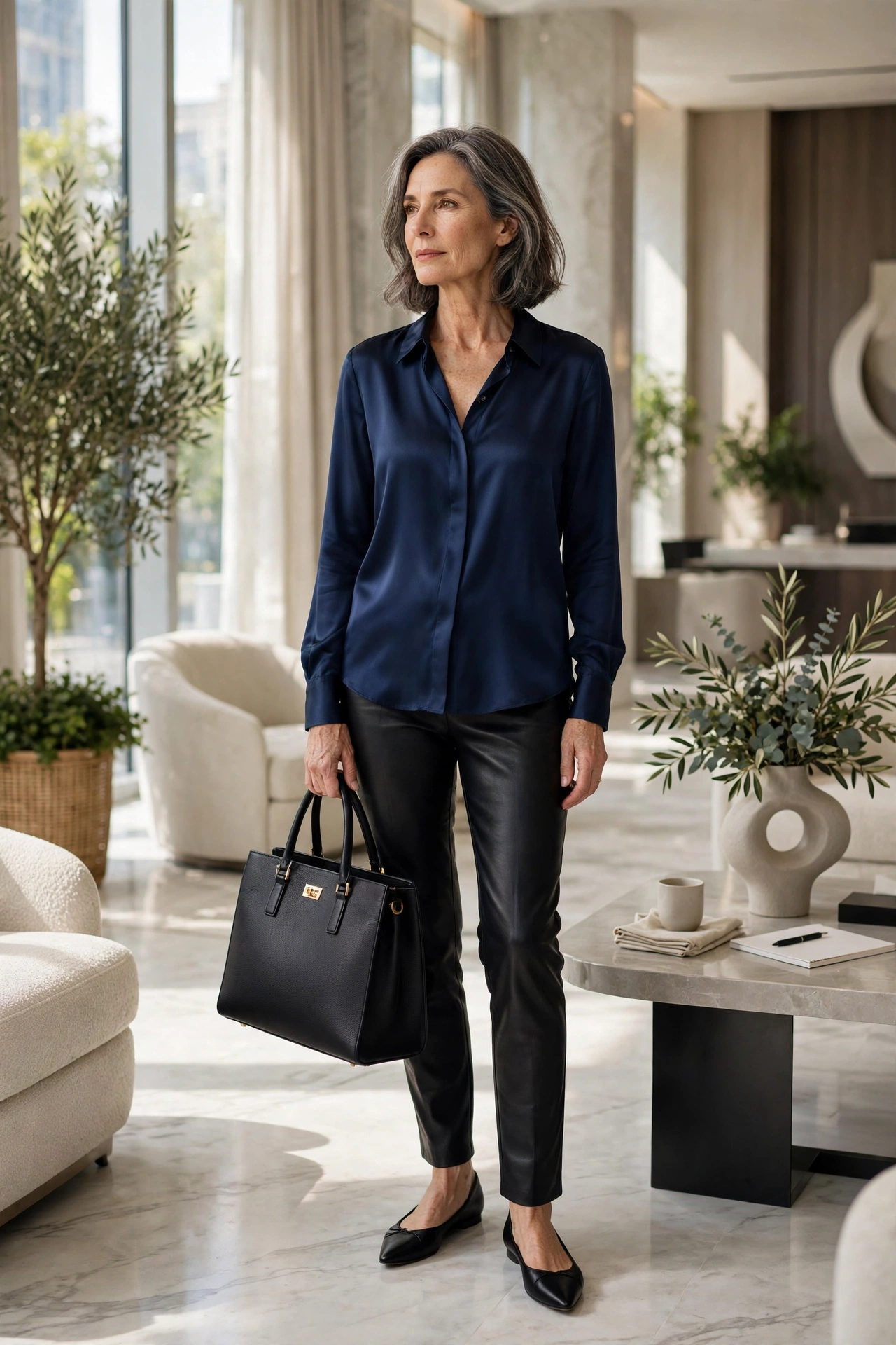 Woman over 50 in black leather pants with a navy silk blouse, pointed flats and structured tote