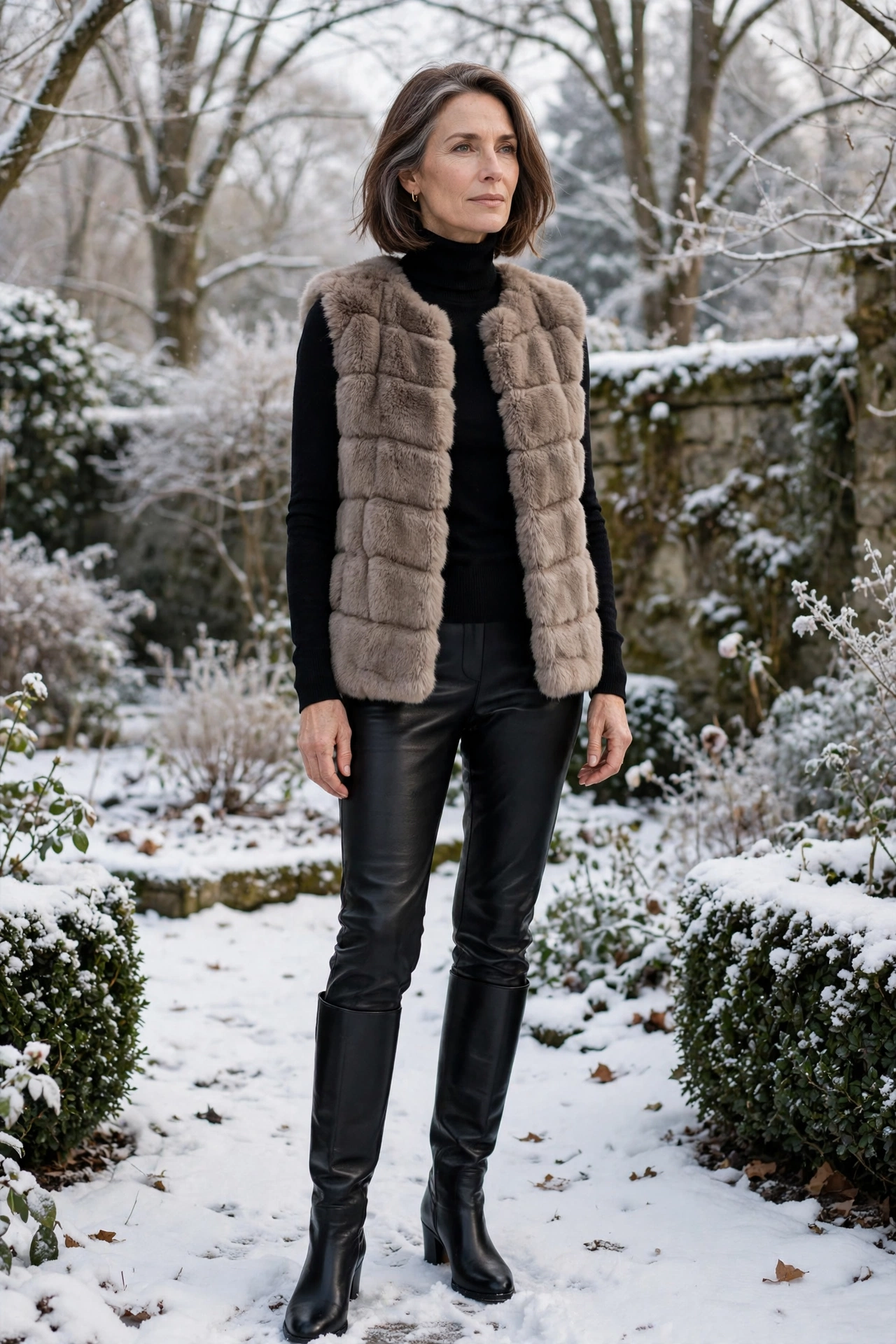 Woman over 50 in black leather pants with a black turtleneck, taupe faux fur vest and knee-high boots