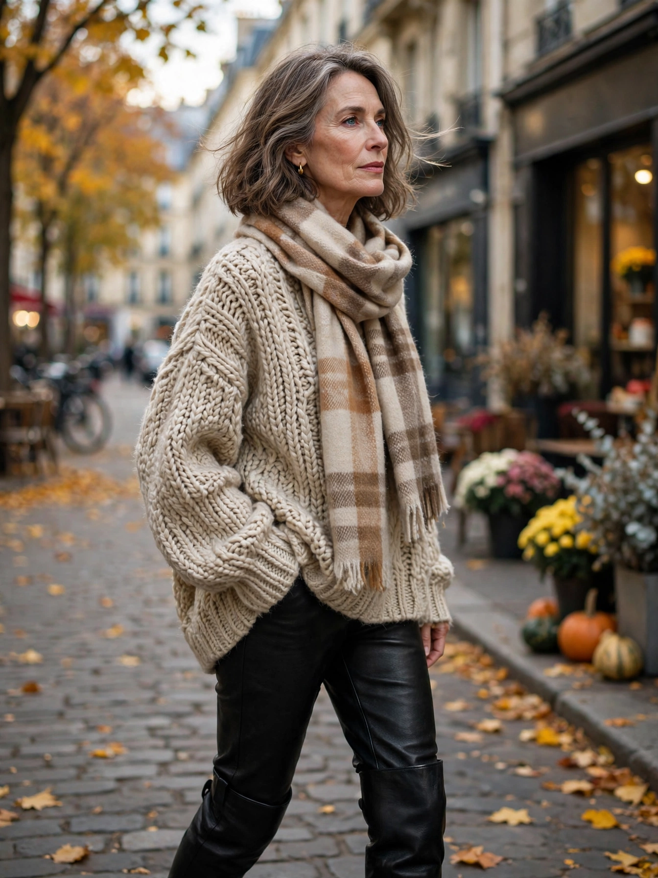 Woman over 50 wearing black leather pants tucked into knee-high boots with an oversized oatmeal sweater