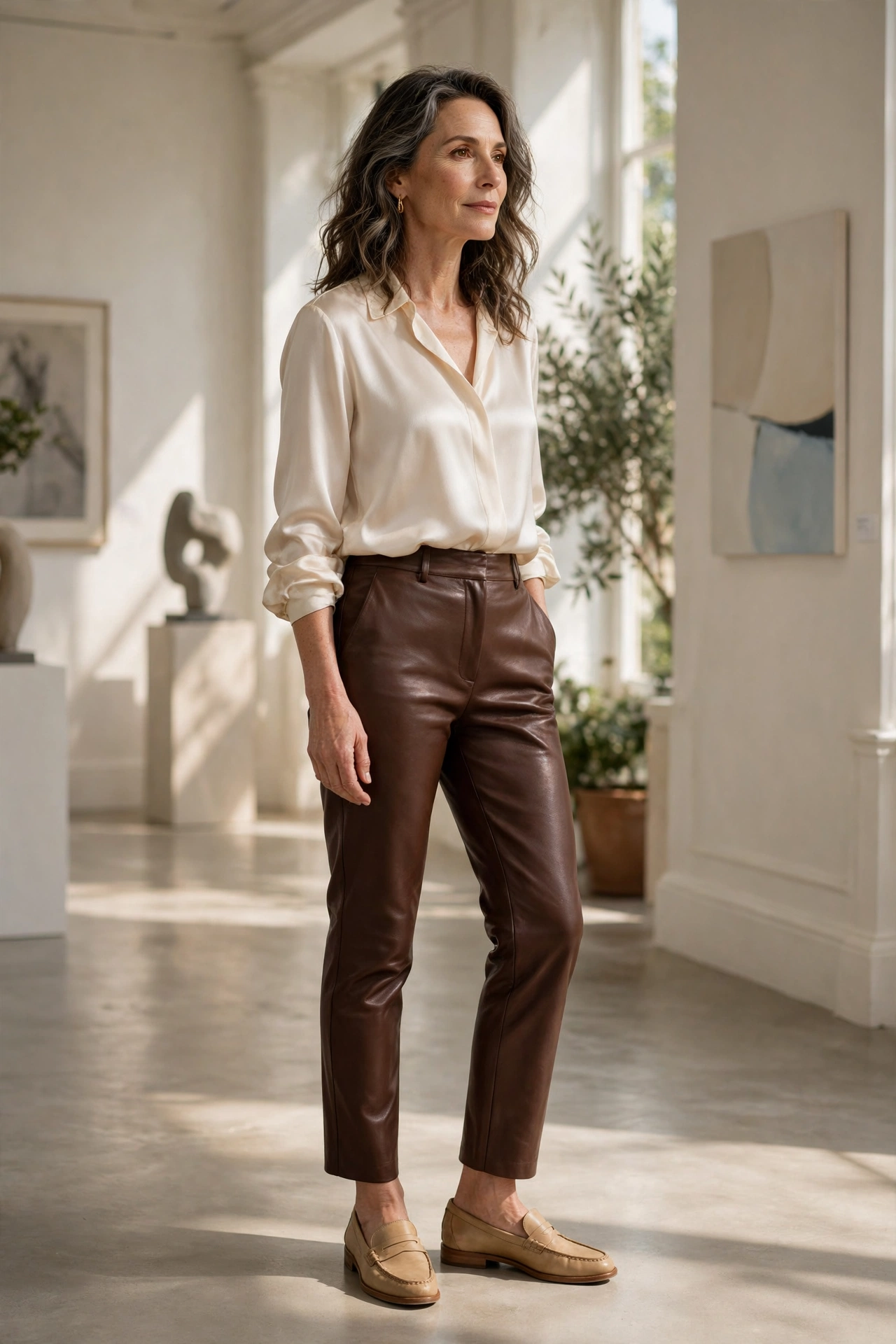 Woman over 50 in chocolate brown leather pants with a cream silk blouse and tan loafers
