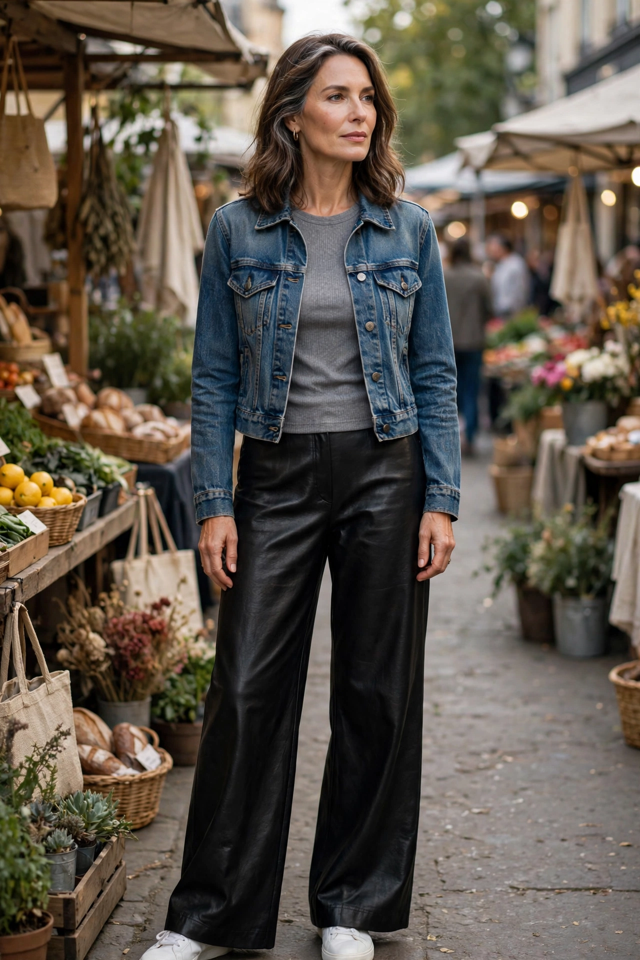 Woman over 50 wearing wide-leg black leather pants with a grey ribbed tee, cropped denim jacket and sneakers