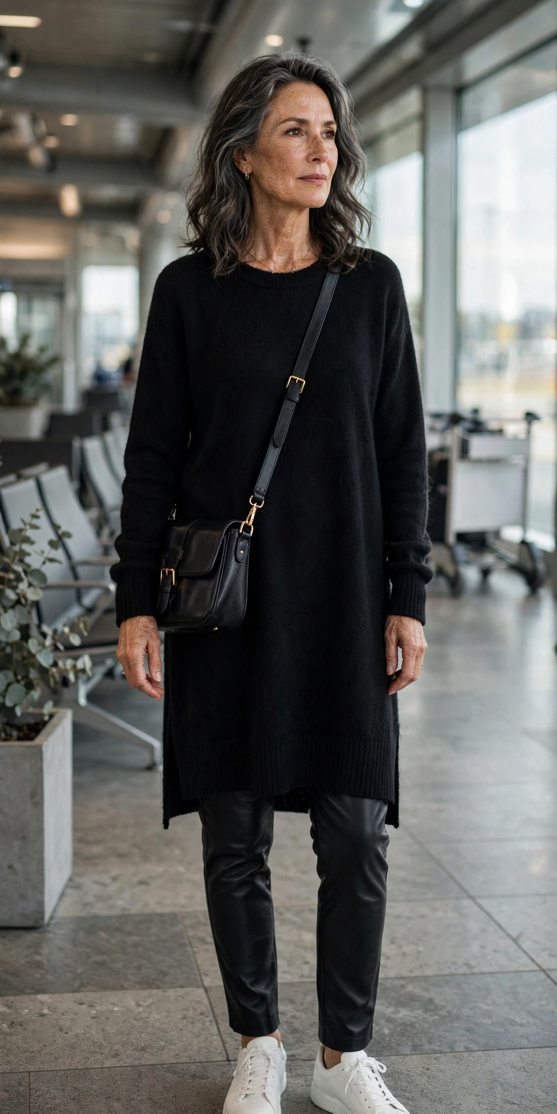 Woman over 50 in black leather pants with a black tunic sweater, white sneakers and crossbody bag at the airport