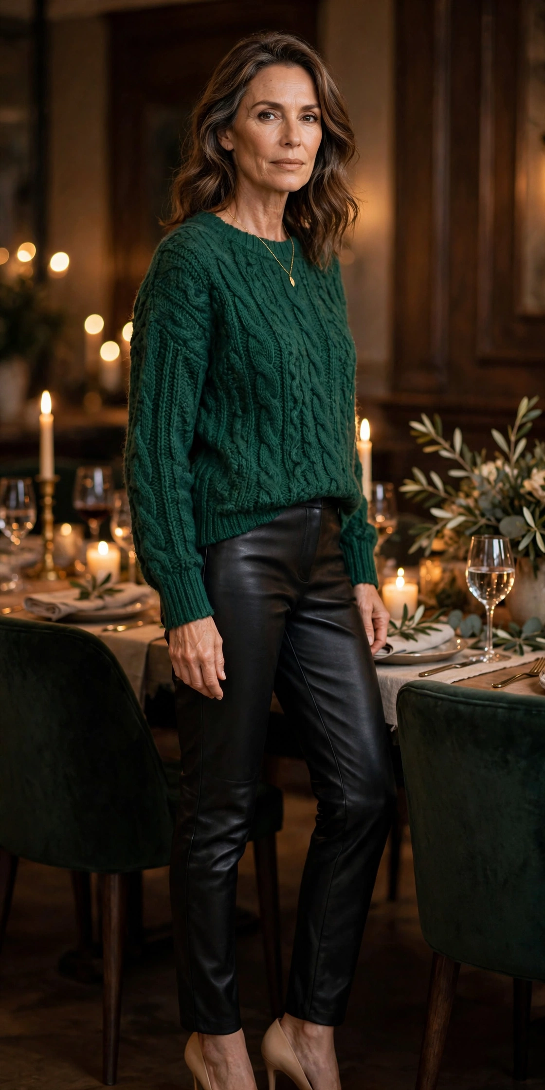 Woman over 50 wearing black leather pants with an emerald green knit sweater and nude heels