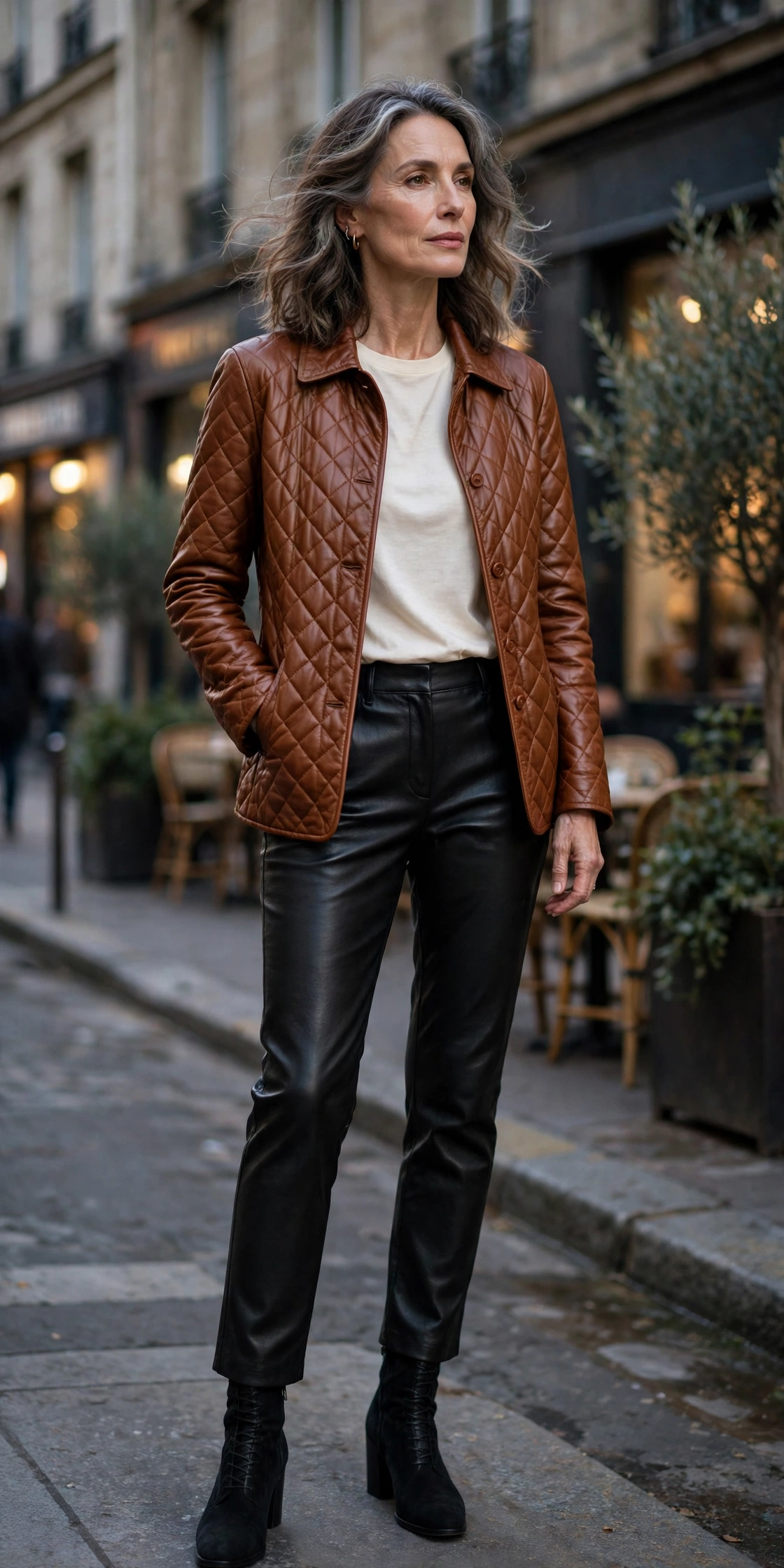 Woman over 50 wearing black leather pants with a cream tee and cognac quilted leather jacket at dusk