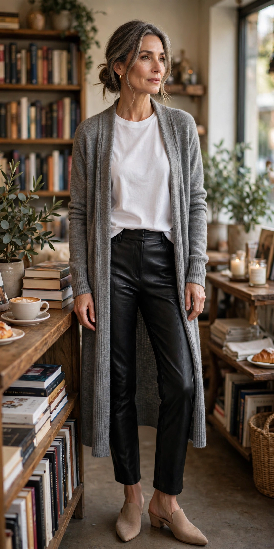 Woman over 50 in black leather pants with a white tee, long grey cardigan and nude mules