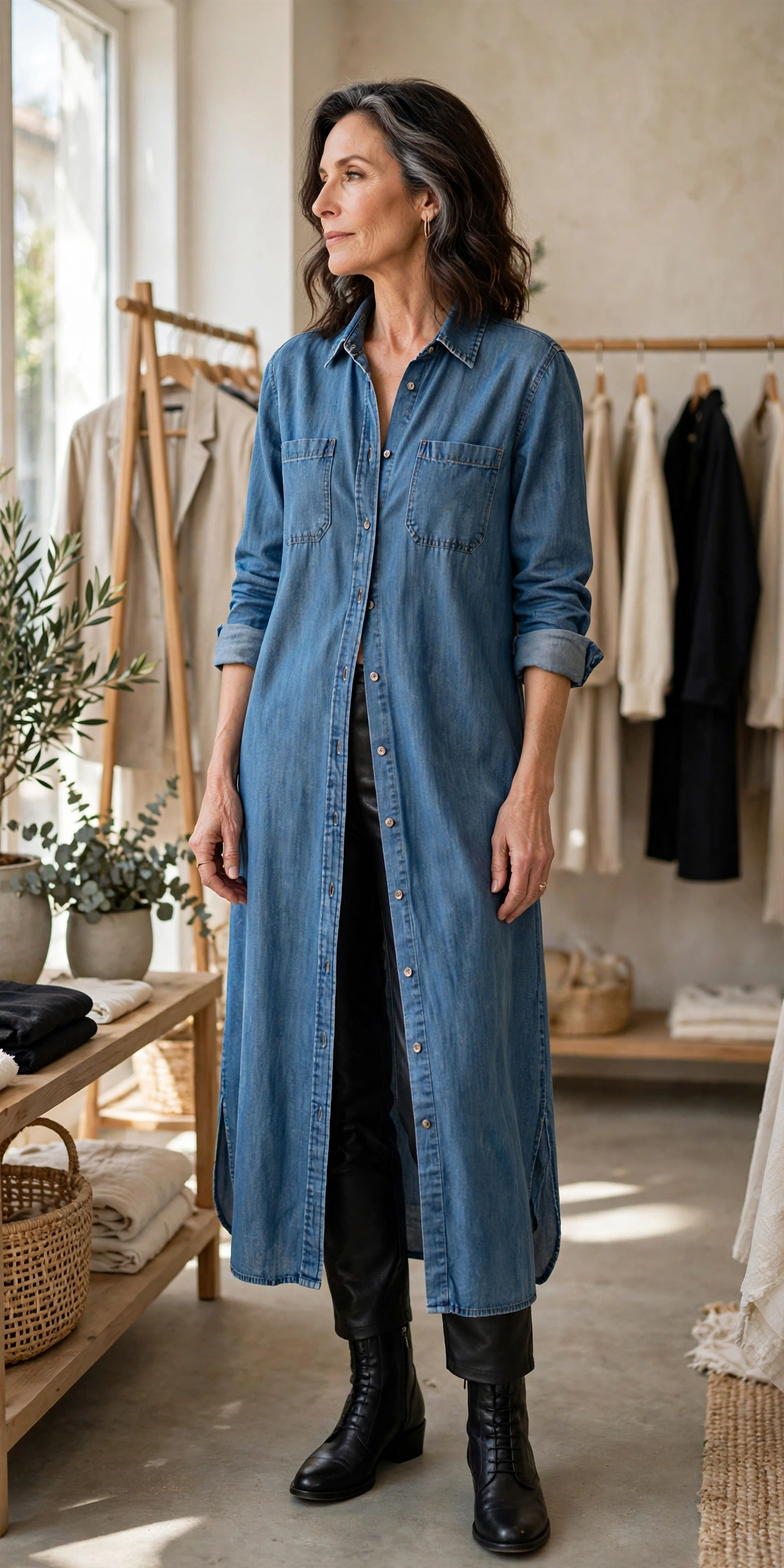 Woman over 50 wearing black leather pants layered under a chambray shirt dress with ankle boots