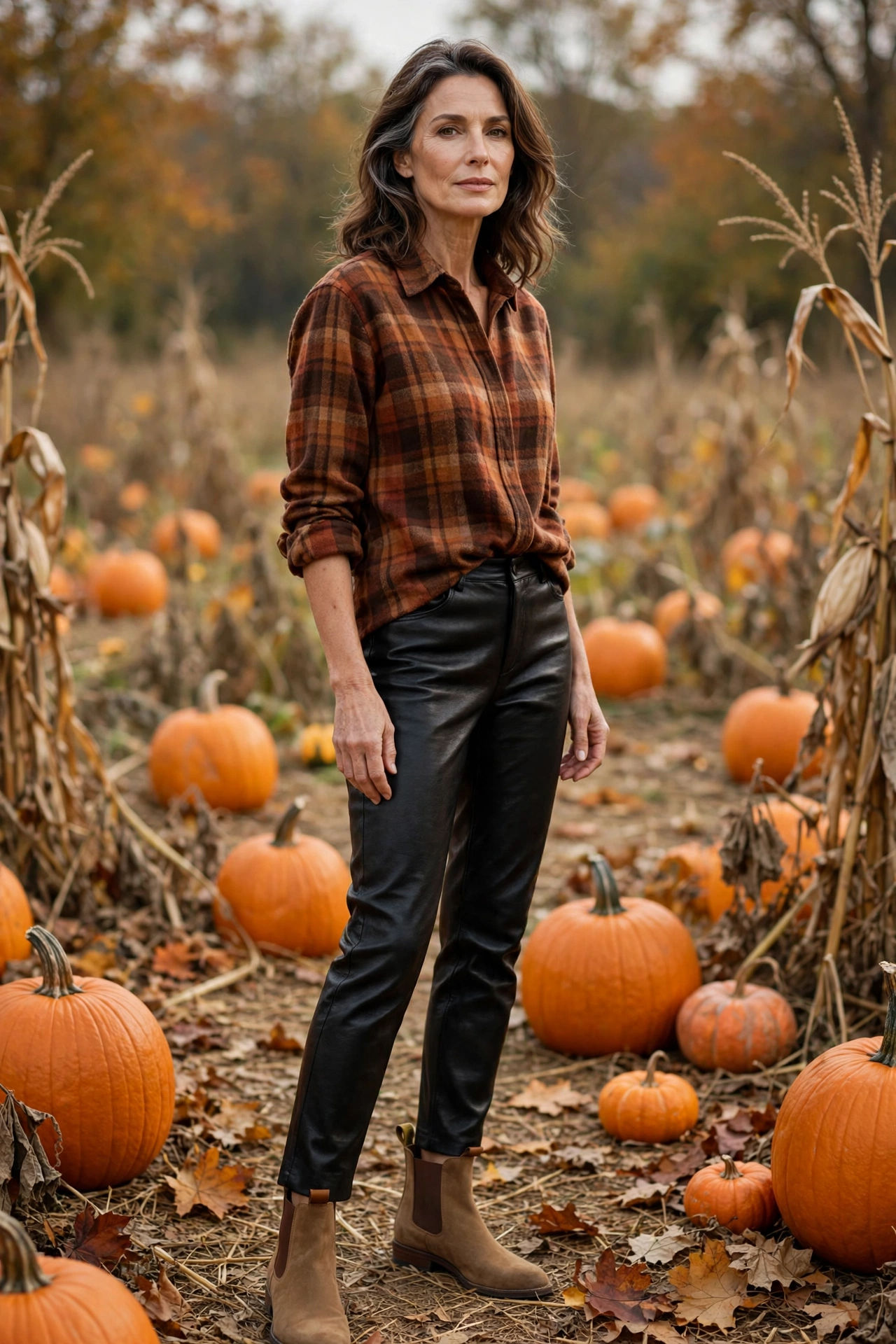 Woman over 50 wearing black leather pants with a rust plaid flannel shirt and tan Chelsea boots