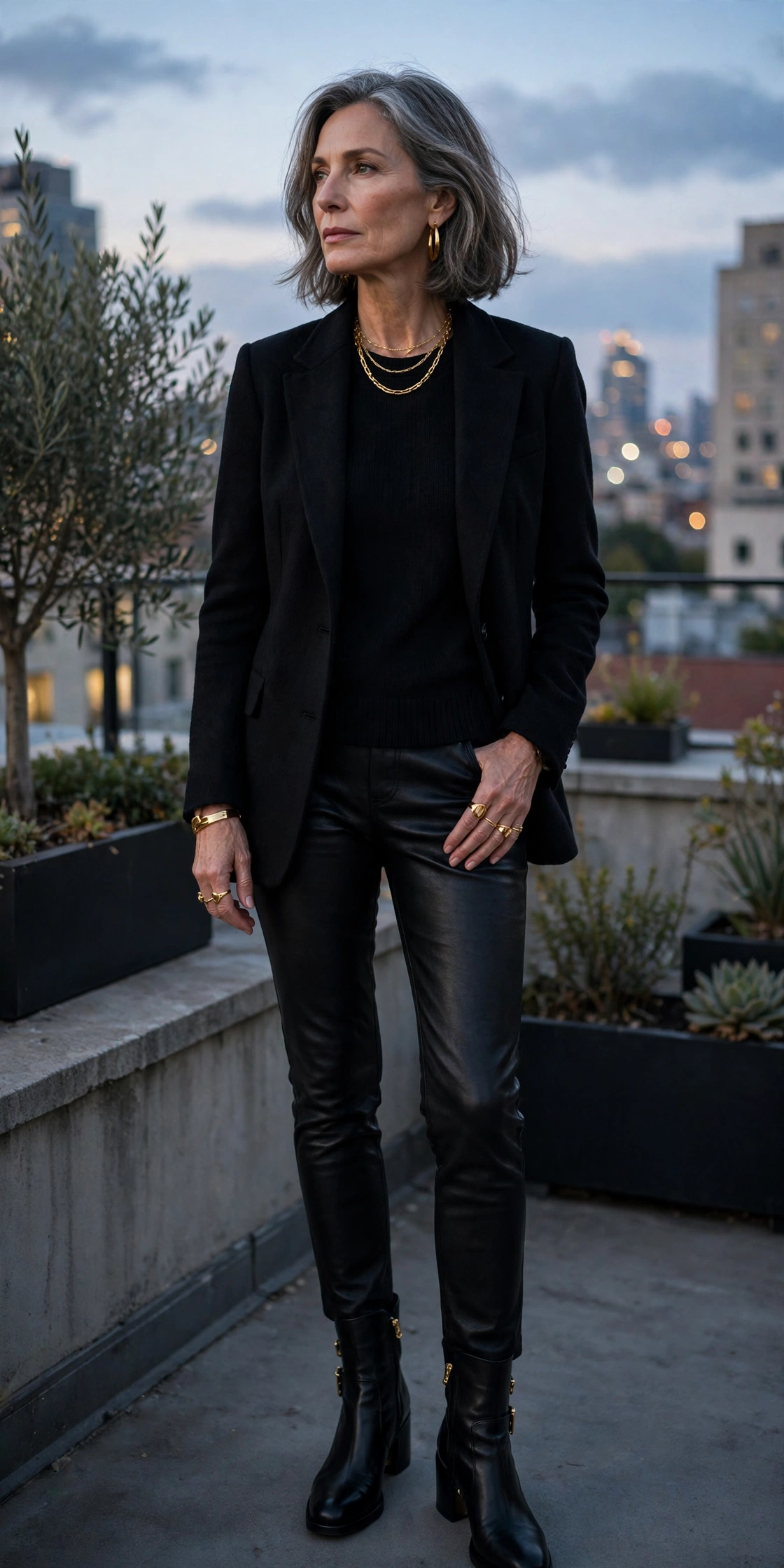 Woman over 50 in an all-black outfit of leather pants, knit top, blazer and boots with gold jewelry