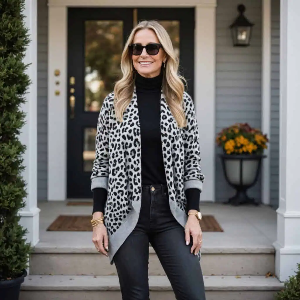 Woman over 60 wearing leopard cardigan with black turtleneck and trousers
