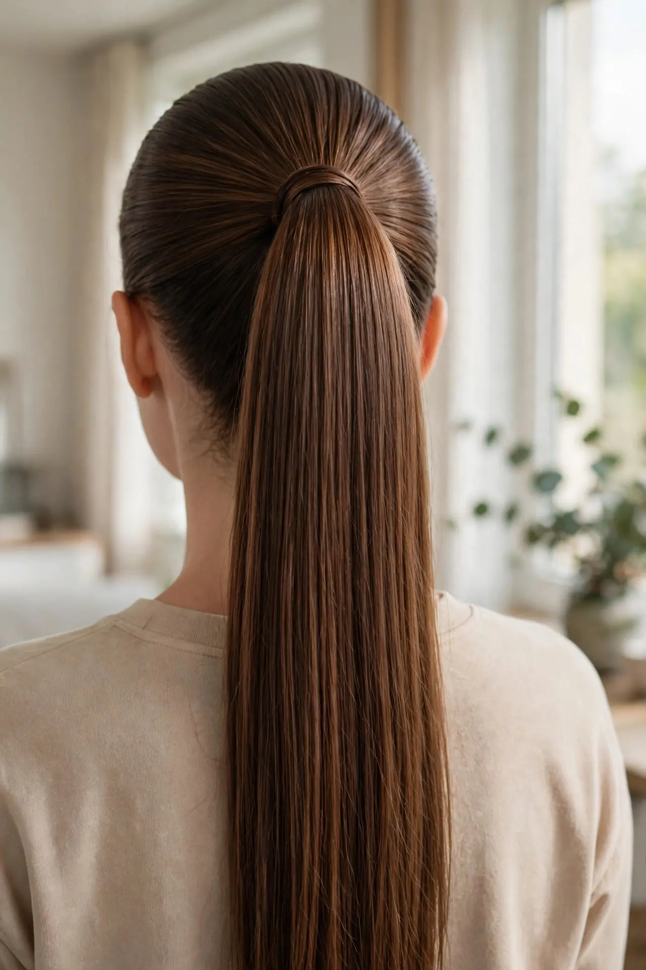 Back view of a sleek high ponytail in long glossy chestnut brown hair