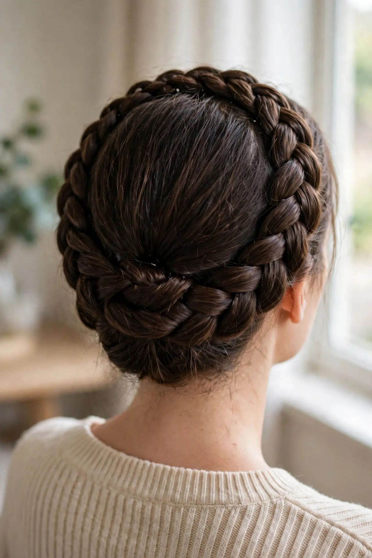 Back view of a crown halo braid wrapping all the way around the head in brunette hair