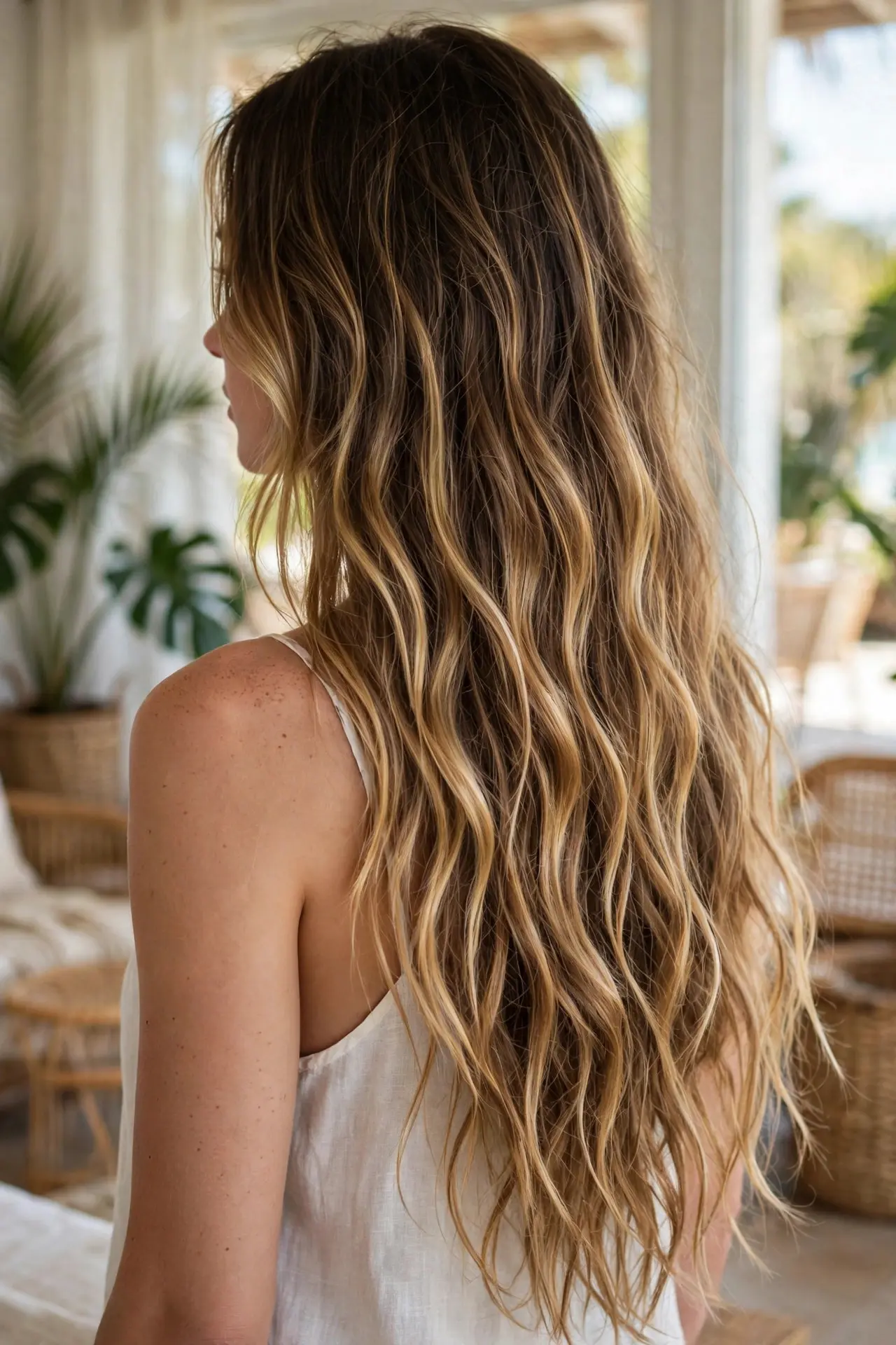 Back view of very long balayage hair worn down in loose tousled beachy waves