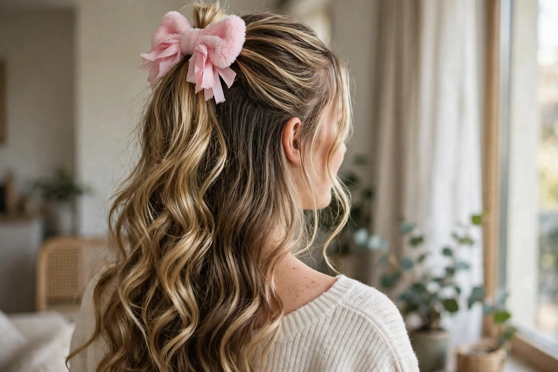 Back view of a half-up style with a large fluffy pink bow and long loose curls in highlighted blonde hair