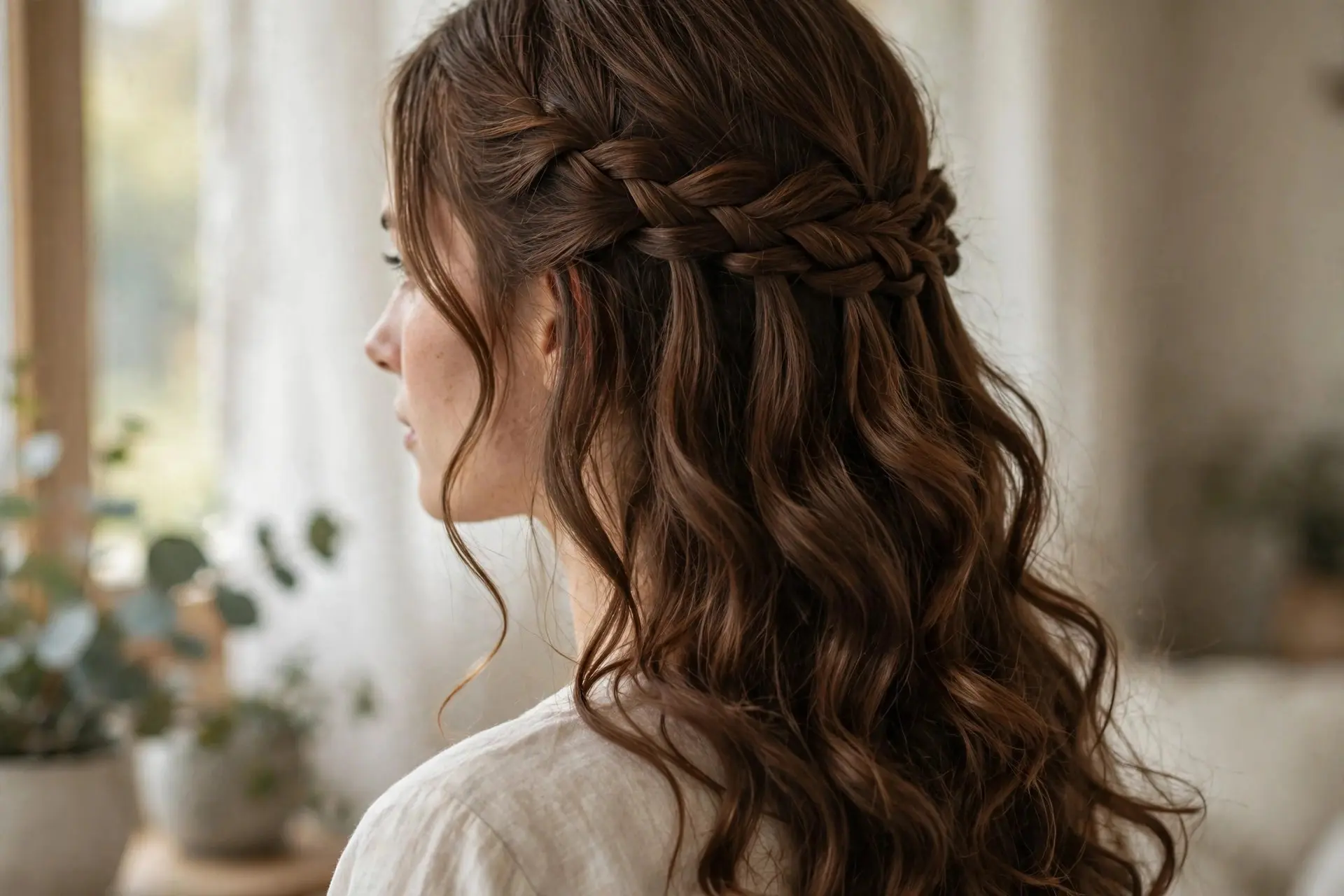 Side view of a waterfall braid with strands dropping through into loose curls in long chestnut hair