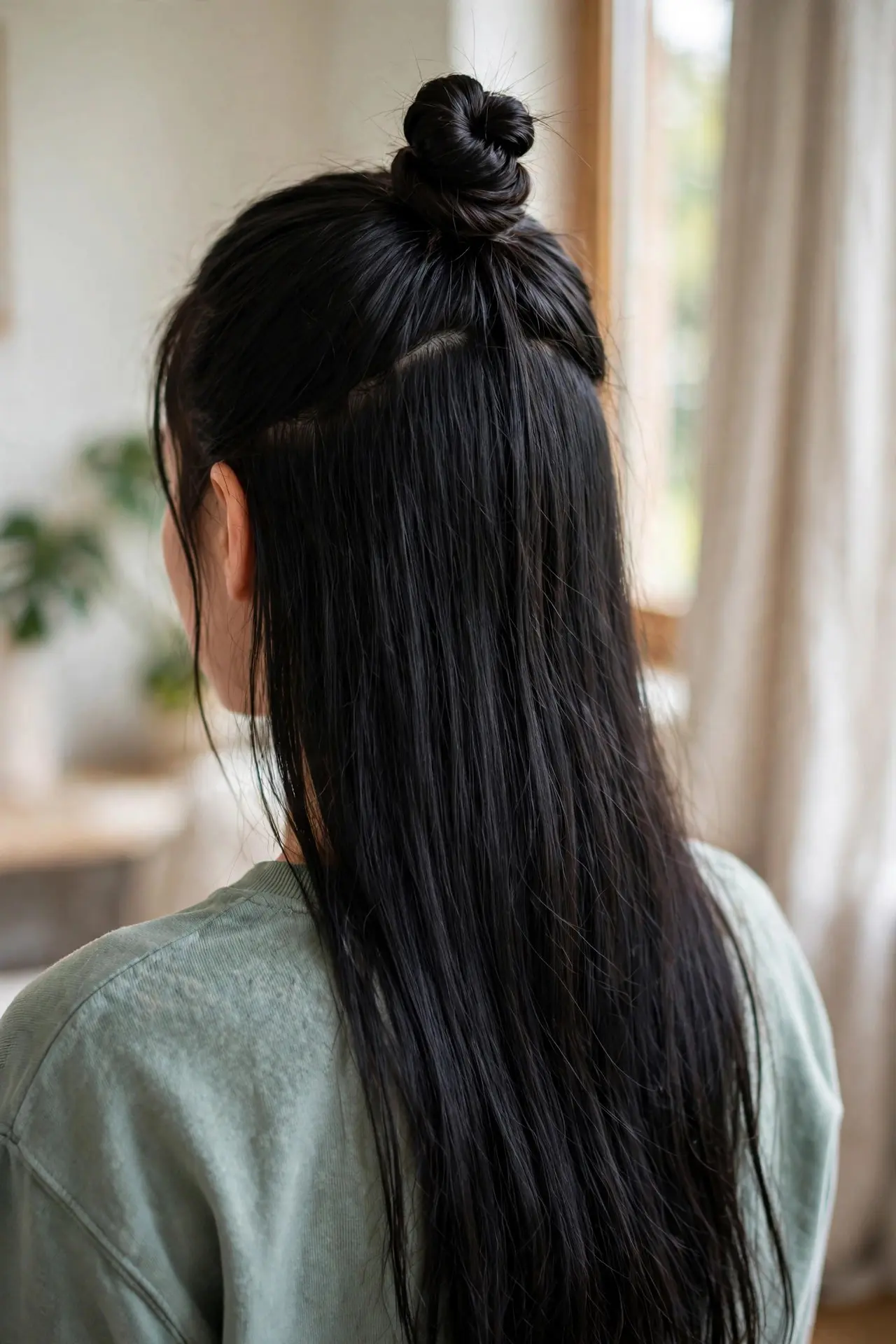 Back view of a half-up top knot with the rest of the long black hair worn straight down