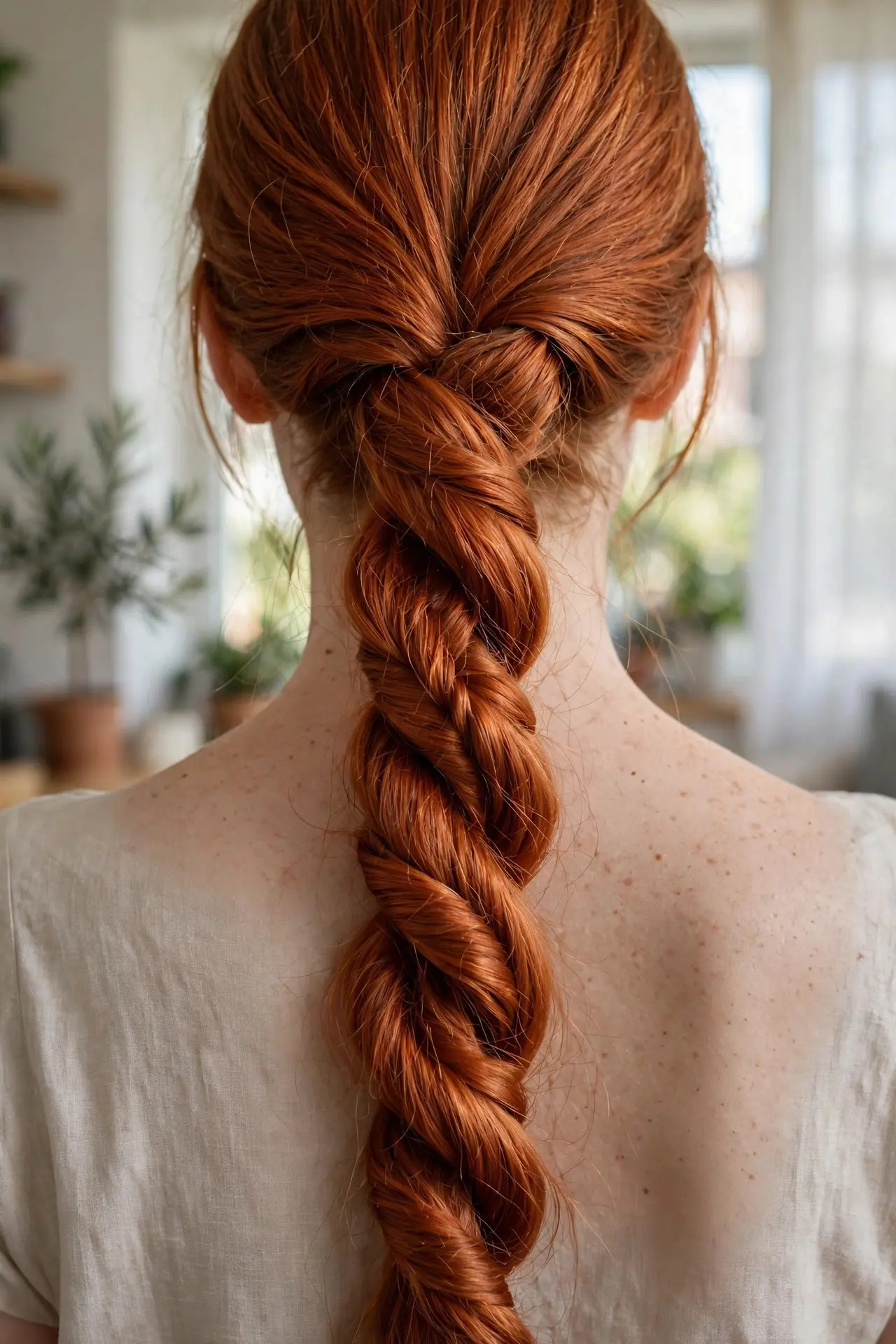 Back view of a single twisted rope braid in long copper red hair