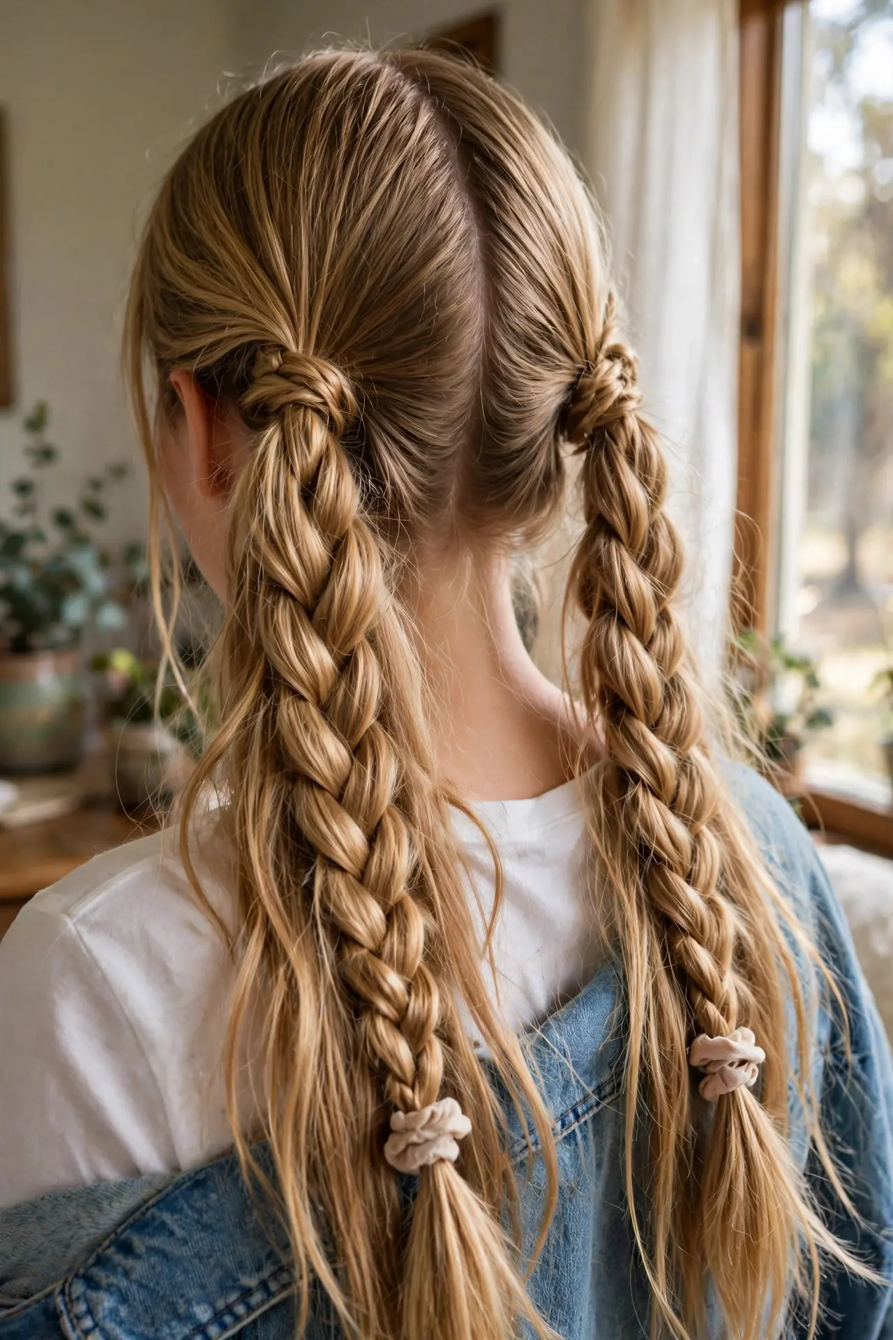 Back view of two simple symmetrical pigtail braids with a center part in long honey blonde hair